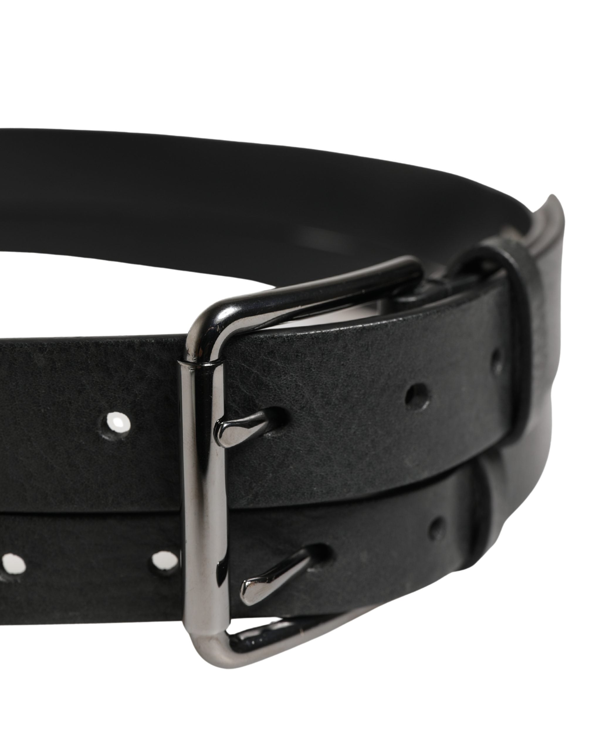Pre-Owned Dolce & Gabbana Black Double Strap Leather Silver Buckle Belt