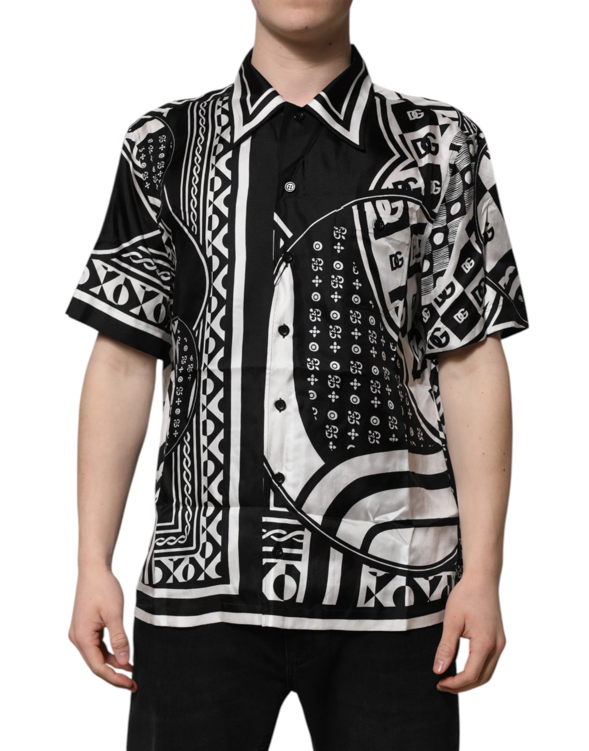 Dolce & Gabbana Black Silk Logo Print Short Sleeves Shirt