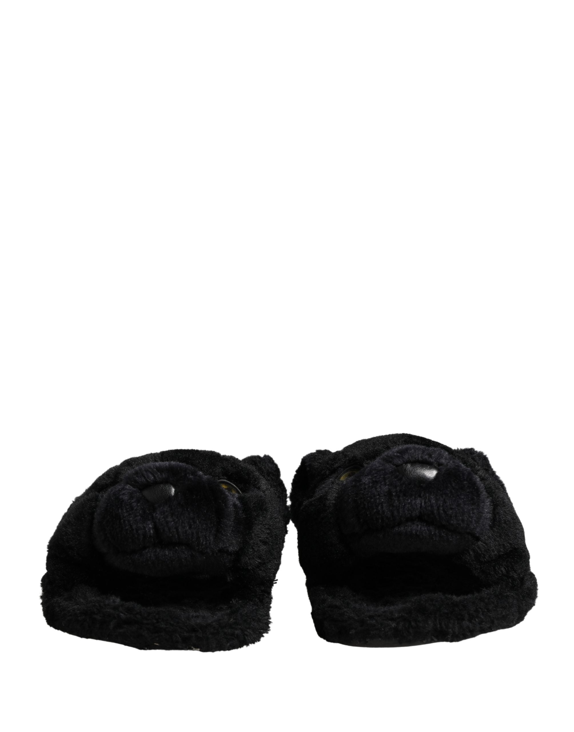 Dolce & Gabbana Black Faux Fur Panther Plush Flat Slides Shoes