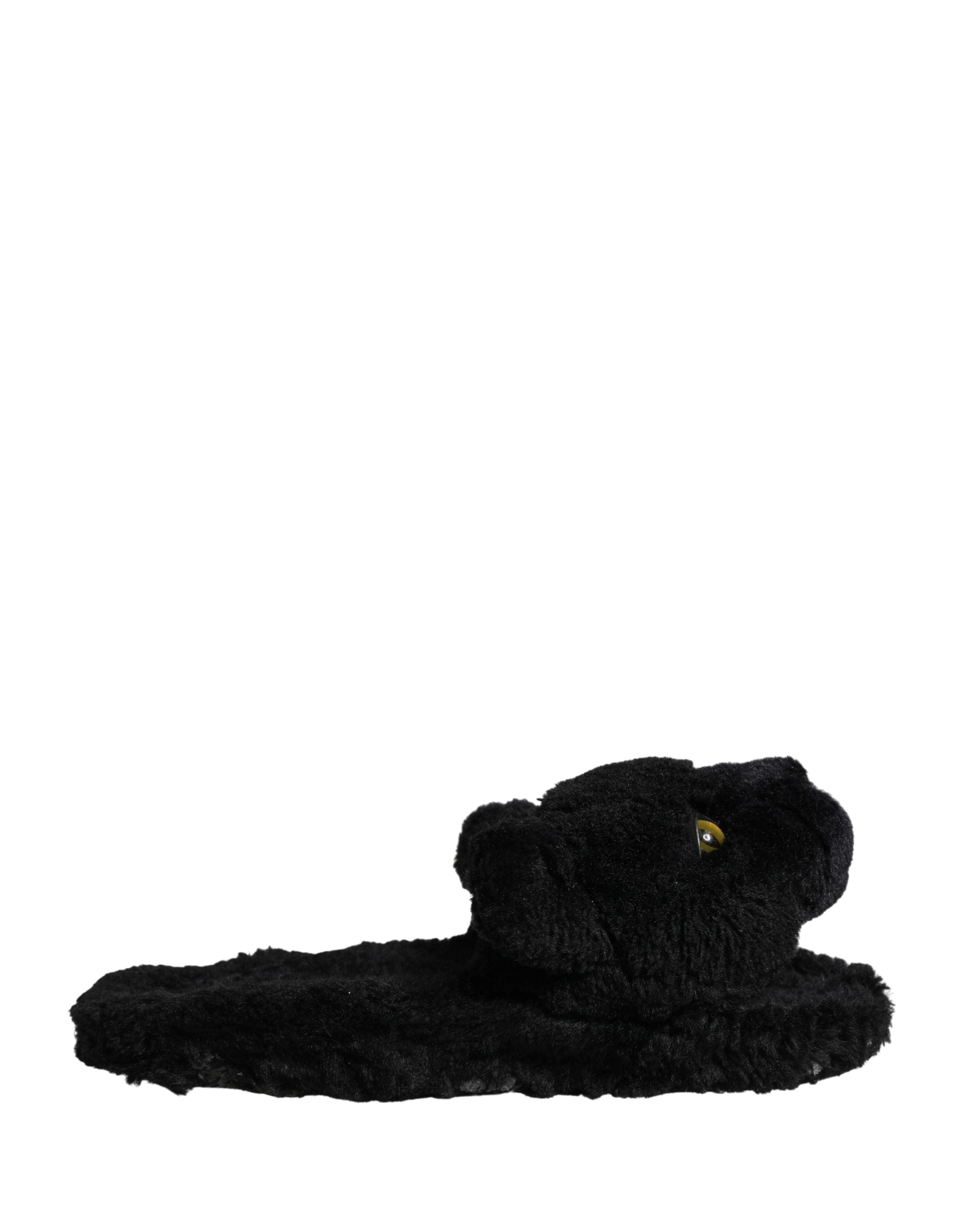 Dolce & Gabbana Black Faux Fur Panther Plush Flat Slides Shoes