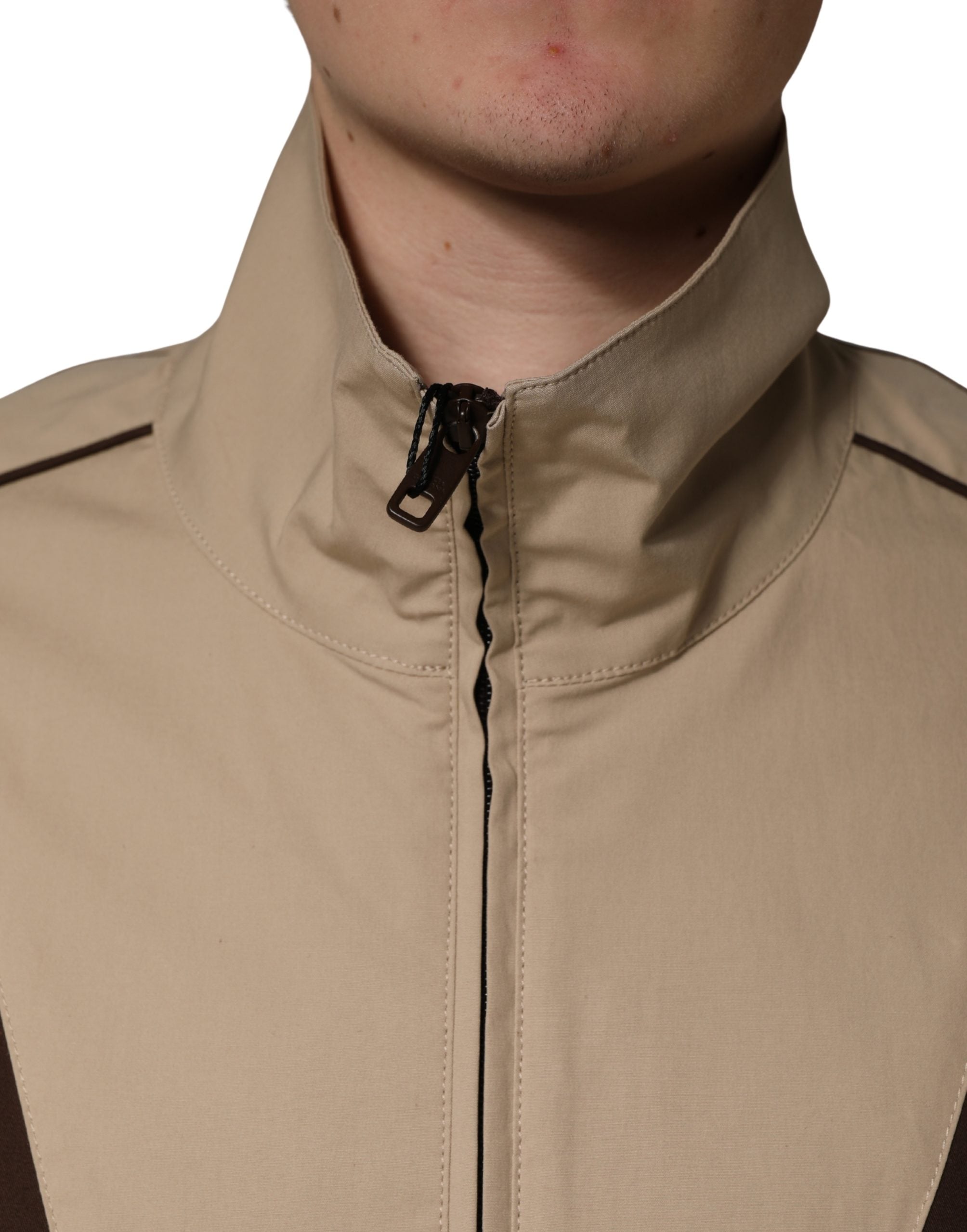 New Dolce & Gabbana Brown Beige Cotton Zip Windbreaker Jacket