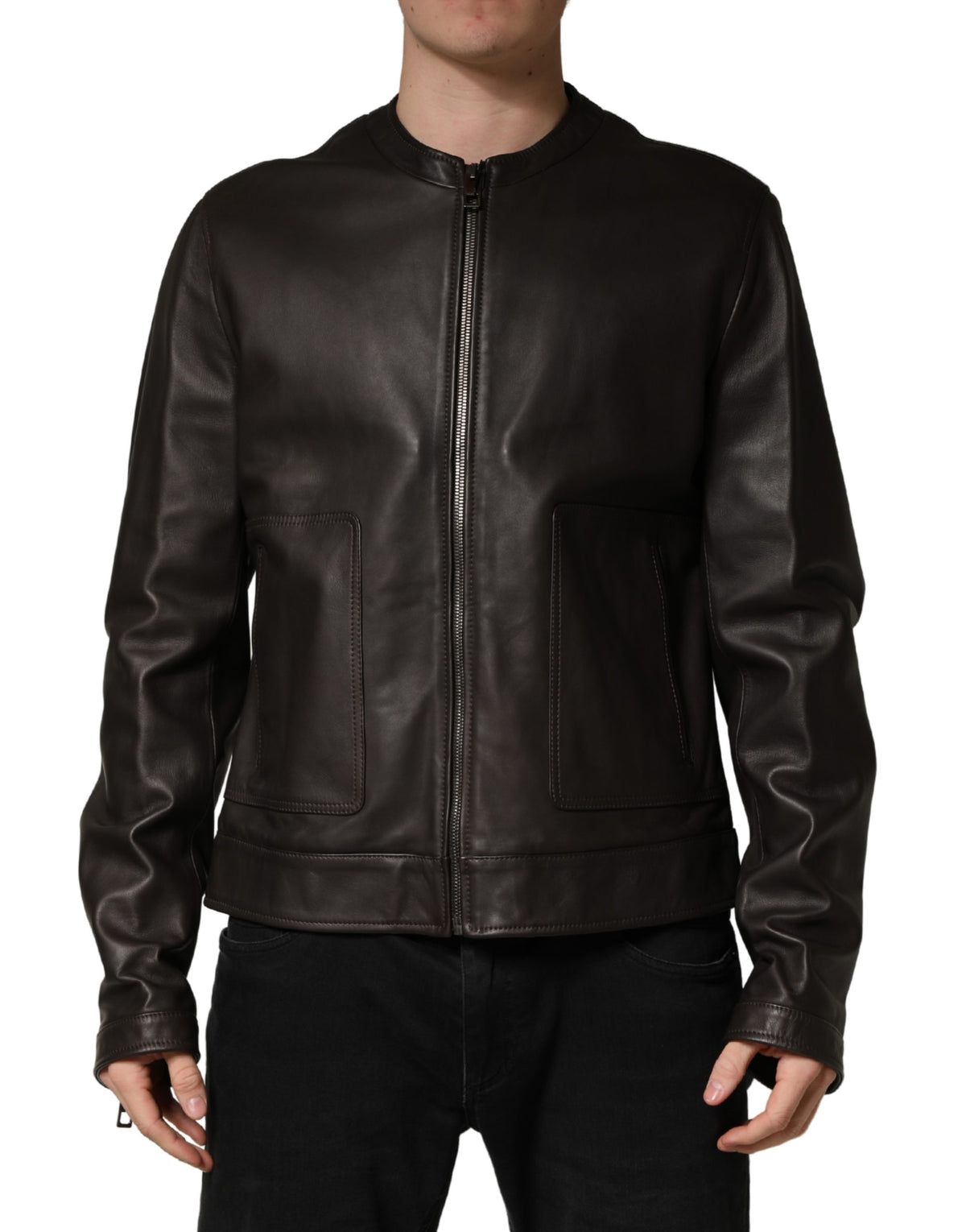 New Dolce & Gabbana Black LambskinLeather Full Zip Biker Jacket