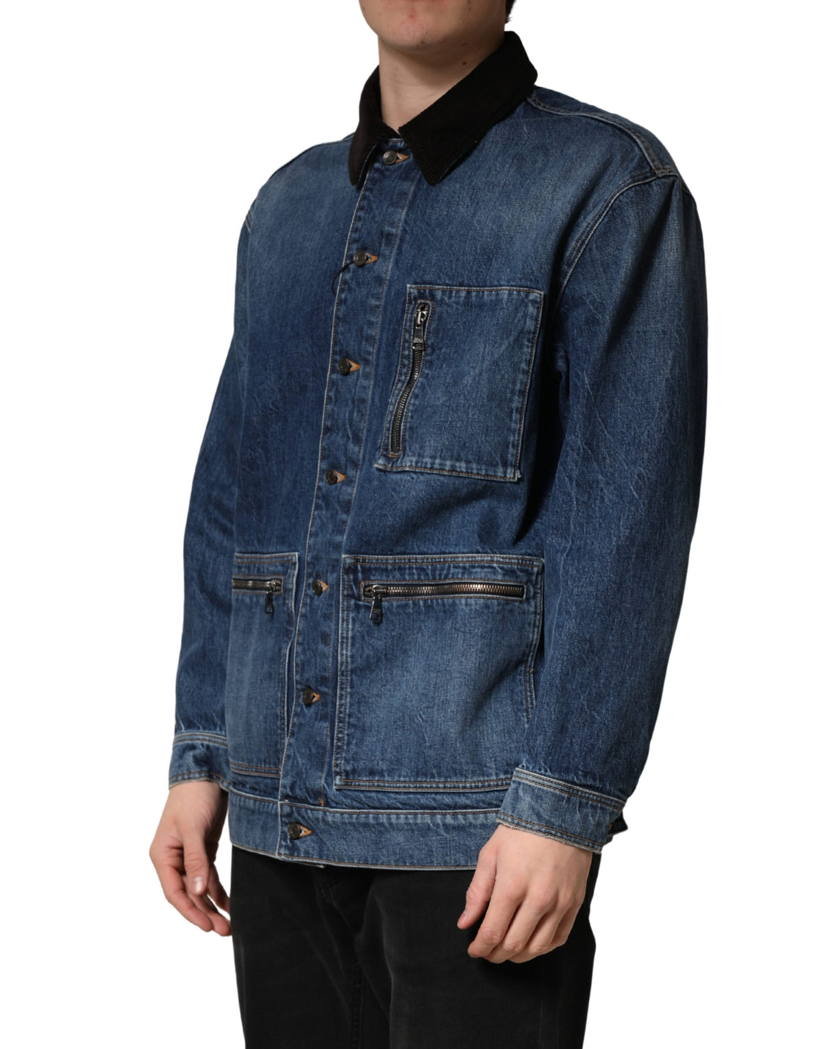 New Dolce & Gabbana Black Blue Cotton Denim Blouson Men Jacket