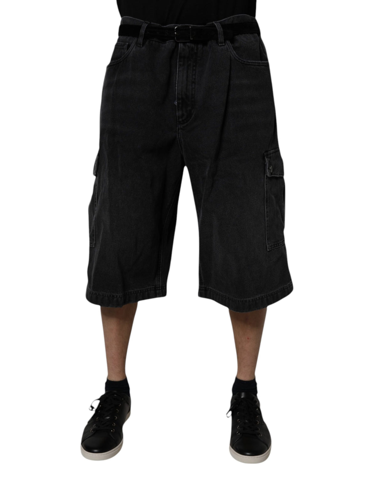 Dolce & Gabbana Black Mid Waist Denim Cargo Bermuda Shorts