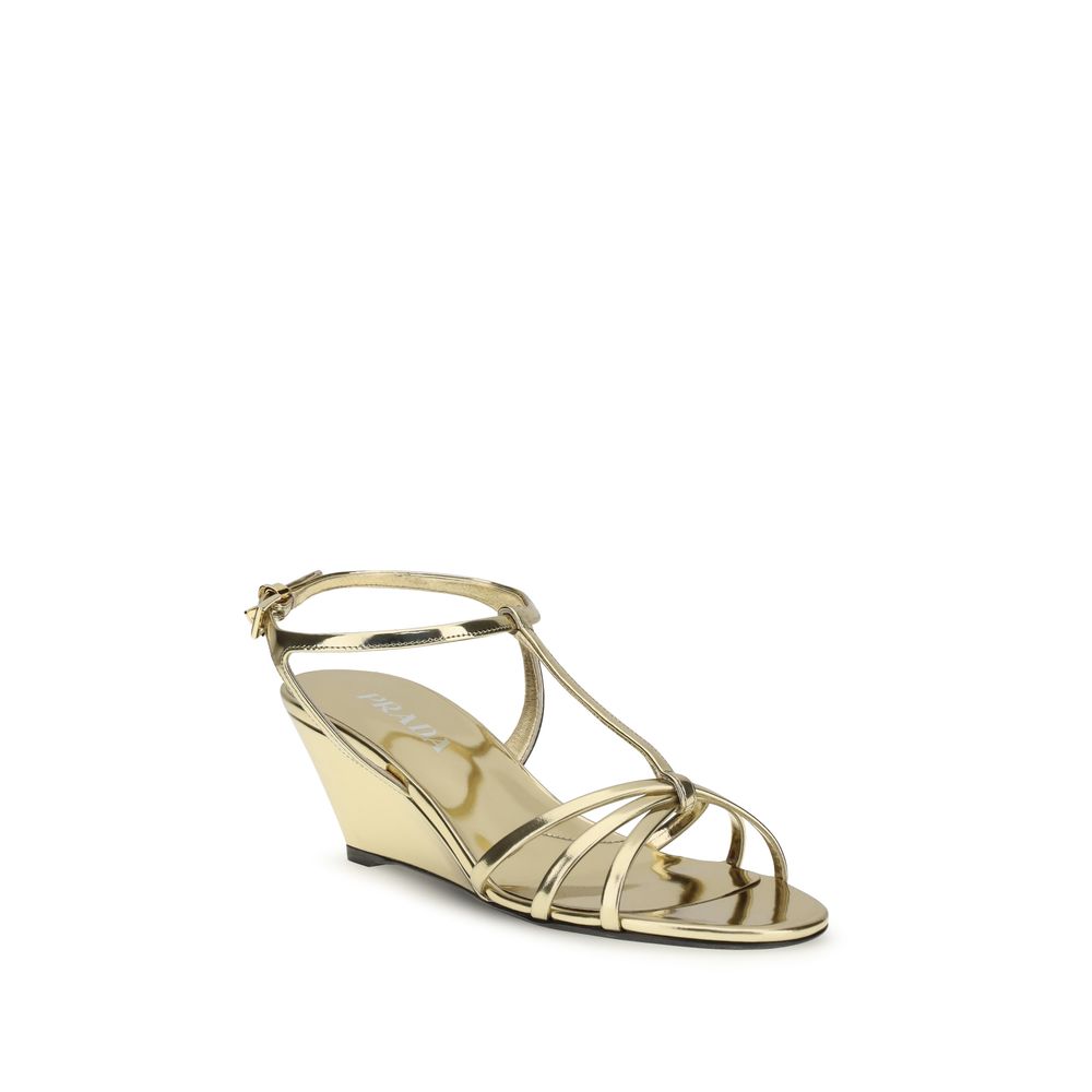 Prada Gold Leather Wedge Sandals