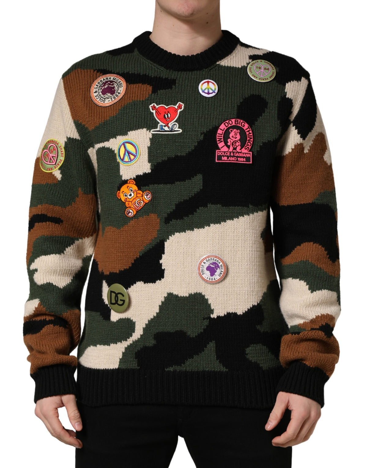 New Dolce & Gabbana Multicolor Intarsia-Knit Camouflage Pullover Sweater