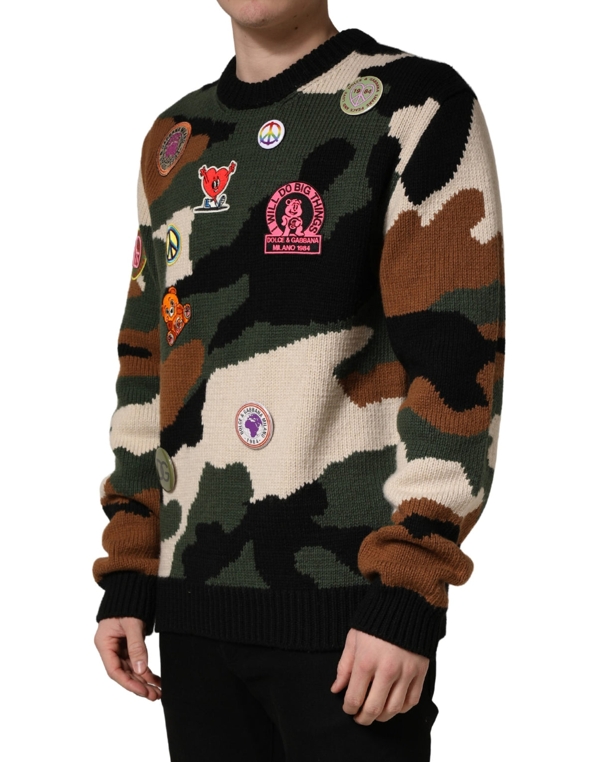 New Dolce & Gabbana Multicolor Intarsia-Knit Camouflage Pullover Sweater