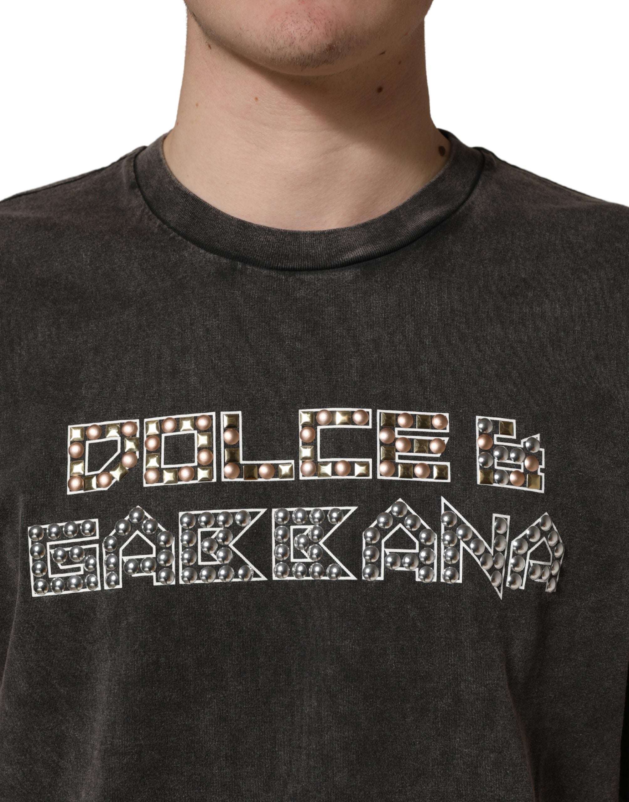 Pre-Owned Dolce & Gabbana Gray Logo Embellished Men Crew Neck T-shirt