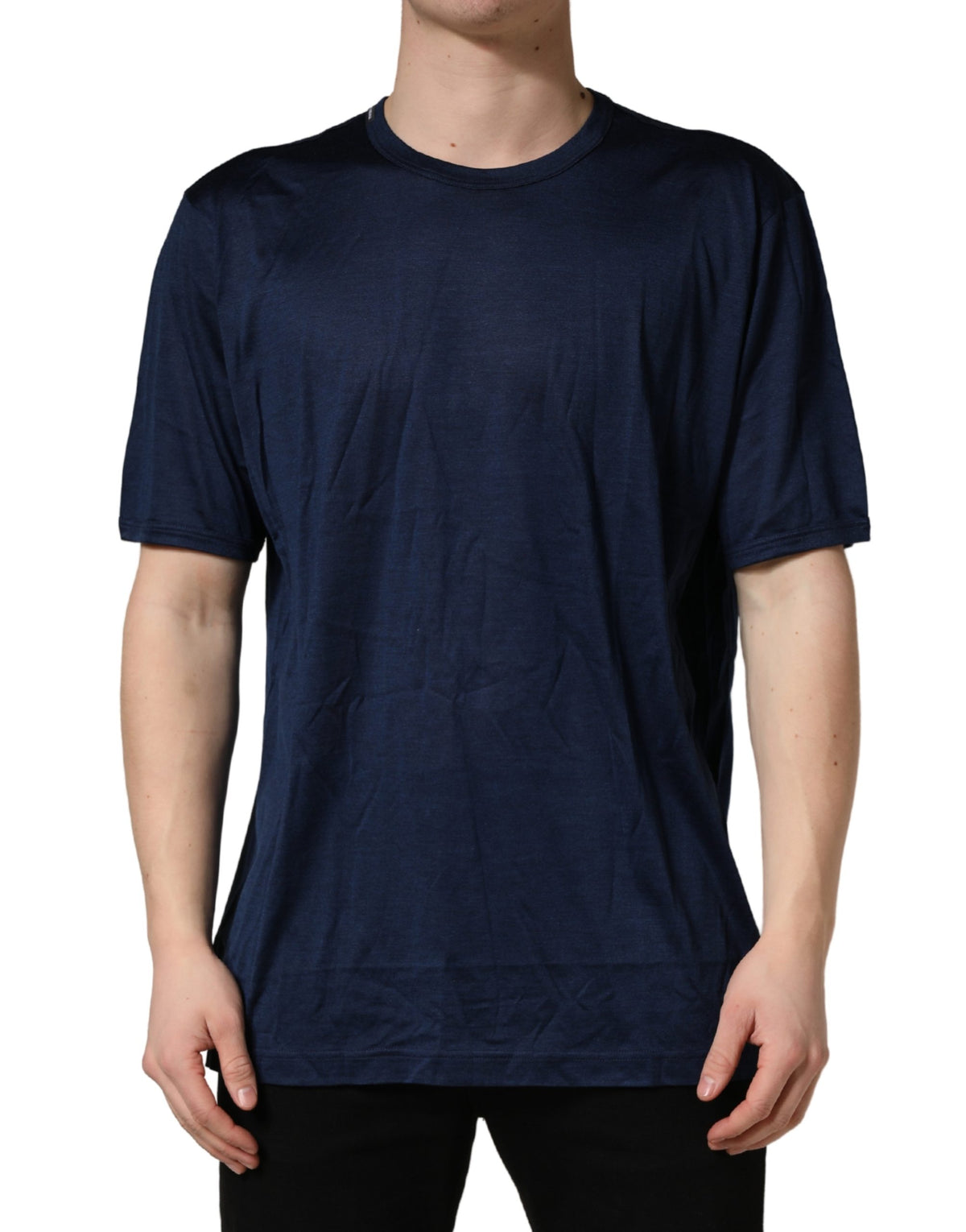 New Dolce & Gabbana Dark Blue Silk Short Sleeve CrewNeck T-shirt