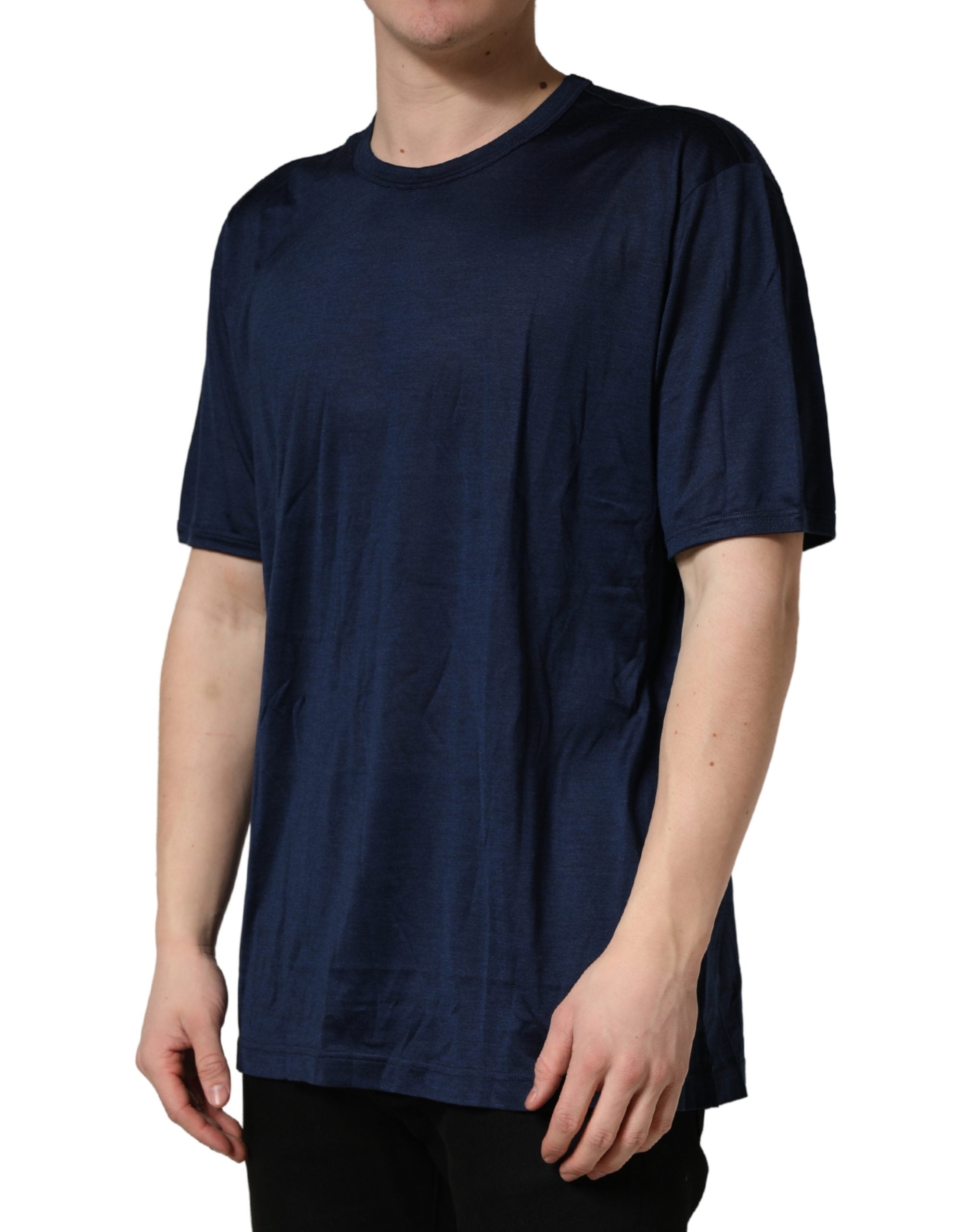 New Dolce & Gabbana Dark Blue Silk Short Sleeve CrewNeck T-shirt