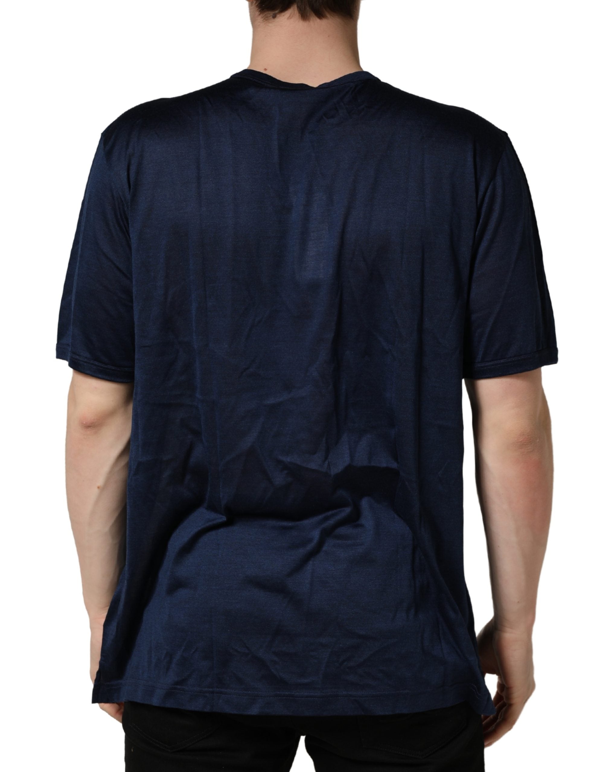New Dolce & Gabbana Dark Blue Silk Short Sleeve CrewNeck T-shirt