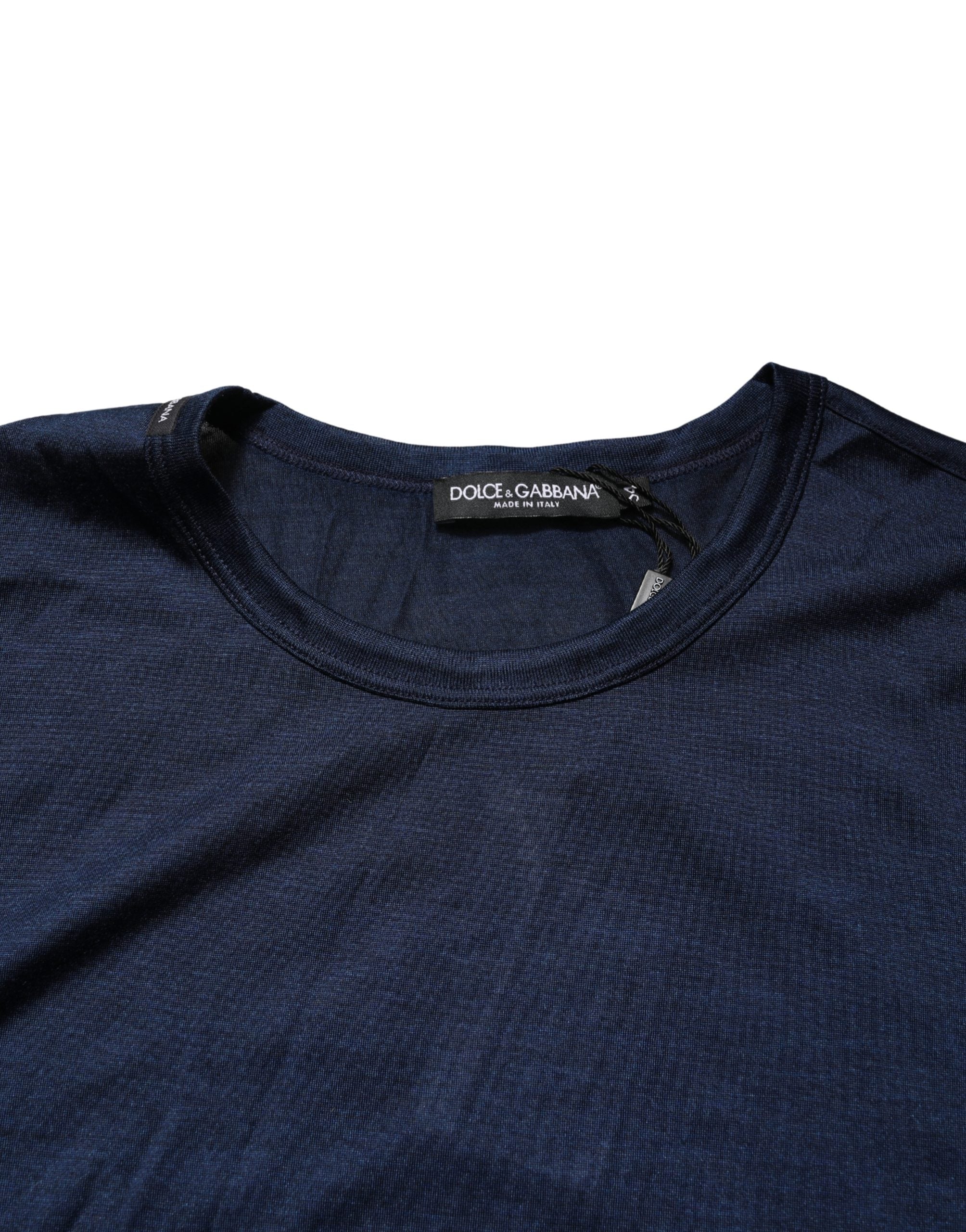 New Dolce & Gabbana Dark Blue Silk Short Sleeve CrewNeck T-shirt