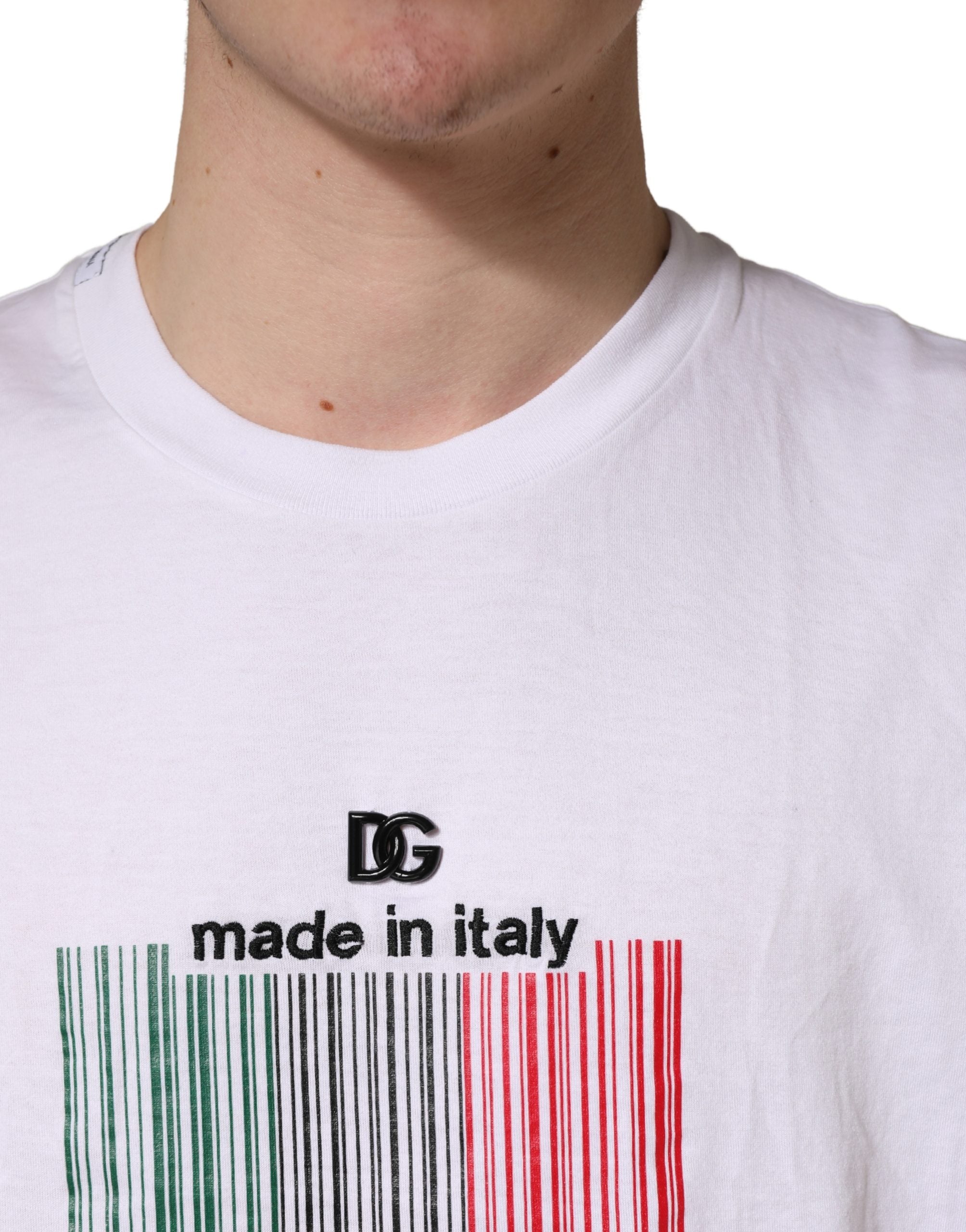 New Dolce & Gabbana White Barcode Cotton Crew Neck Men T-shirt