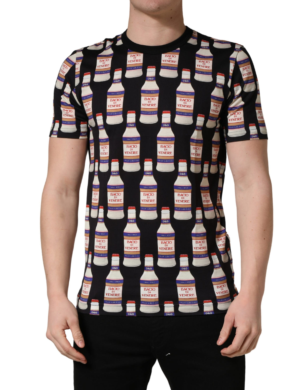 New Dolce & Gabbana Black Bottle Print Cotton Crew Neck T-shirt