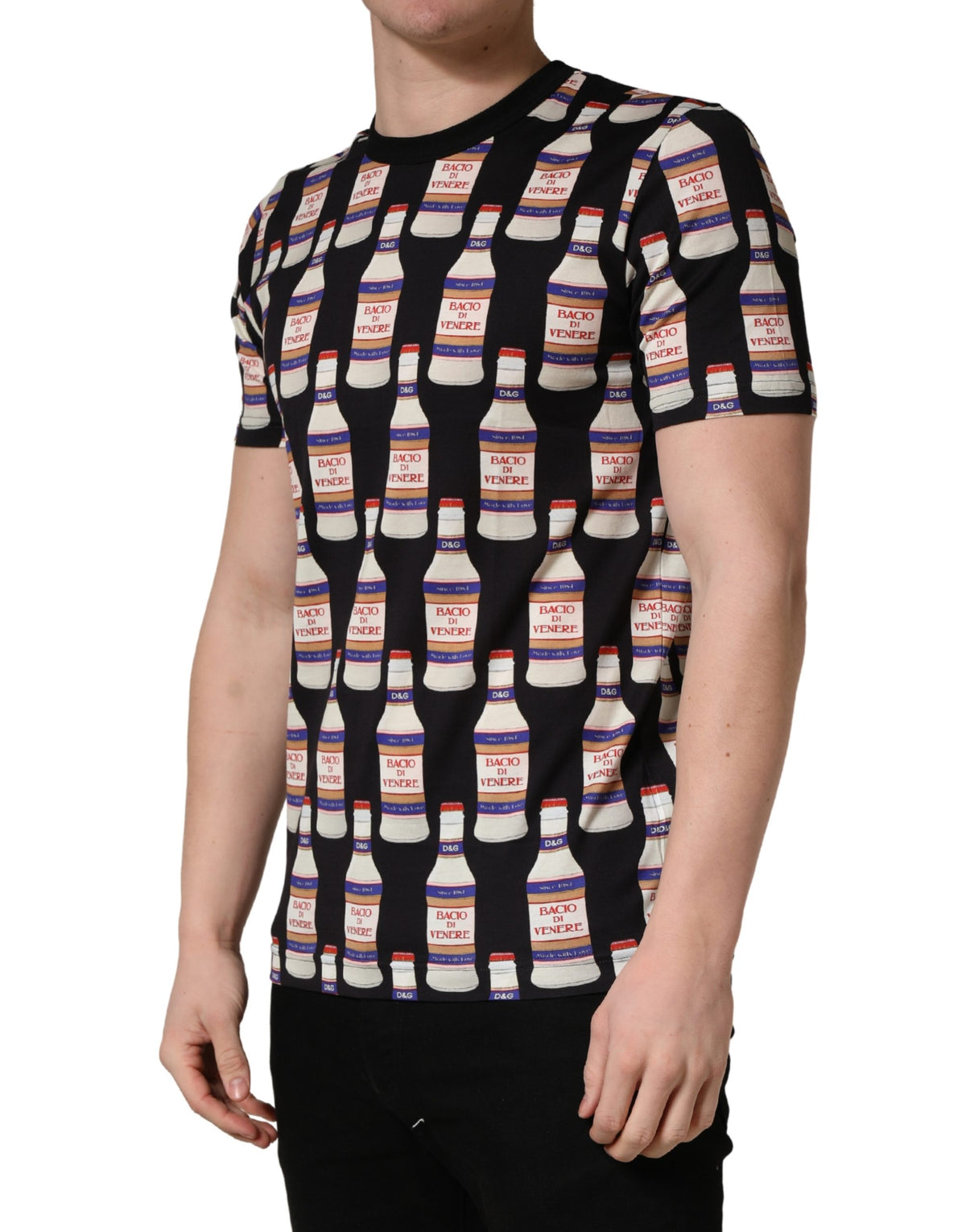 New Dolce & Gabbana Black Bottle Print Cotton Crew Neck T-shirt