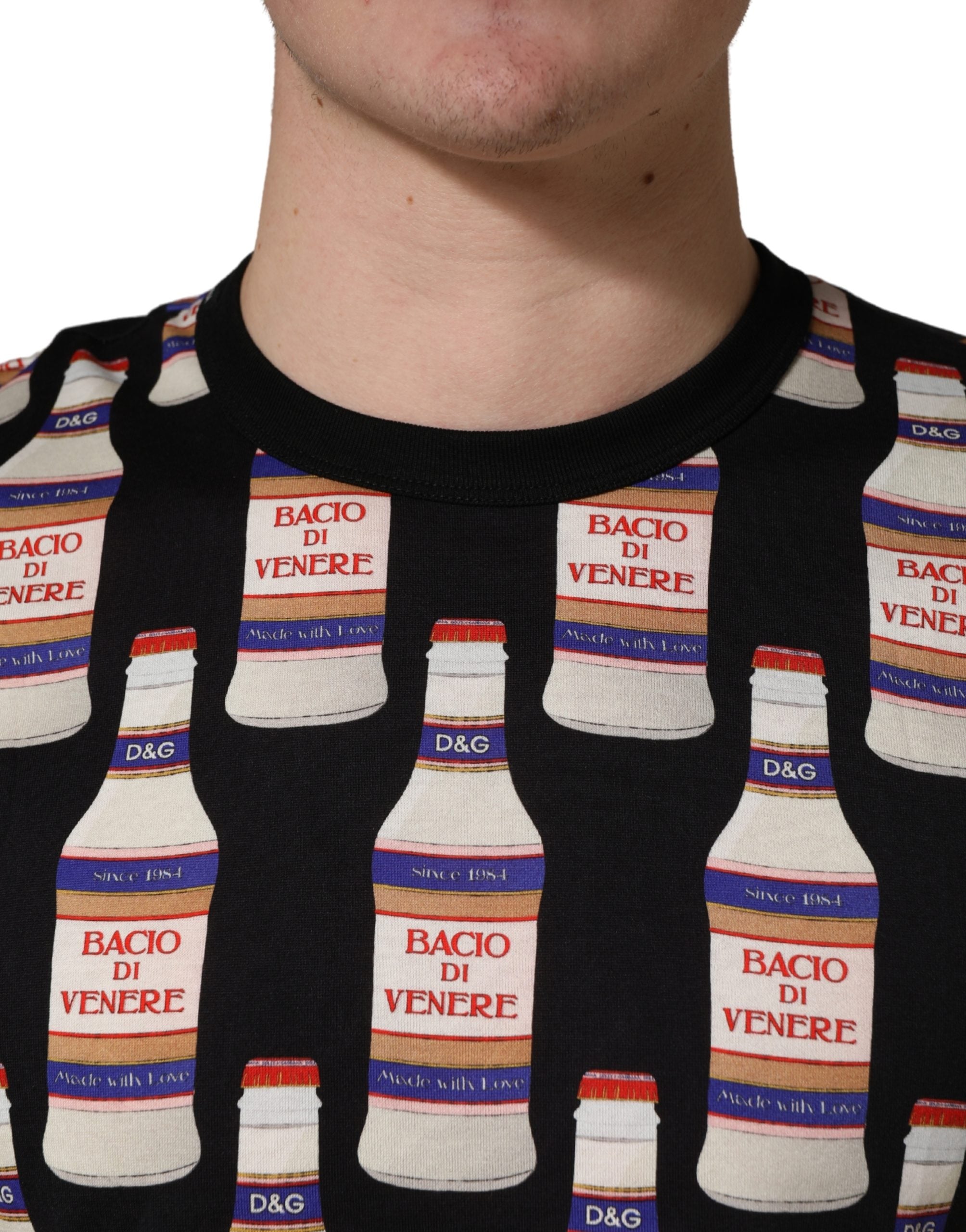 New Dolce & Gabbana Black Bottle Print Cotton Crew Neck T-shirt