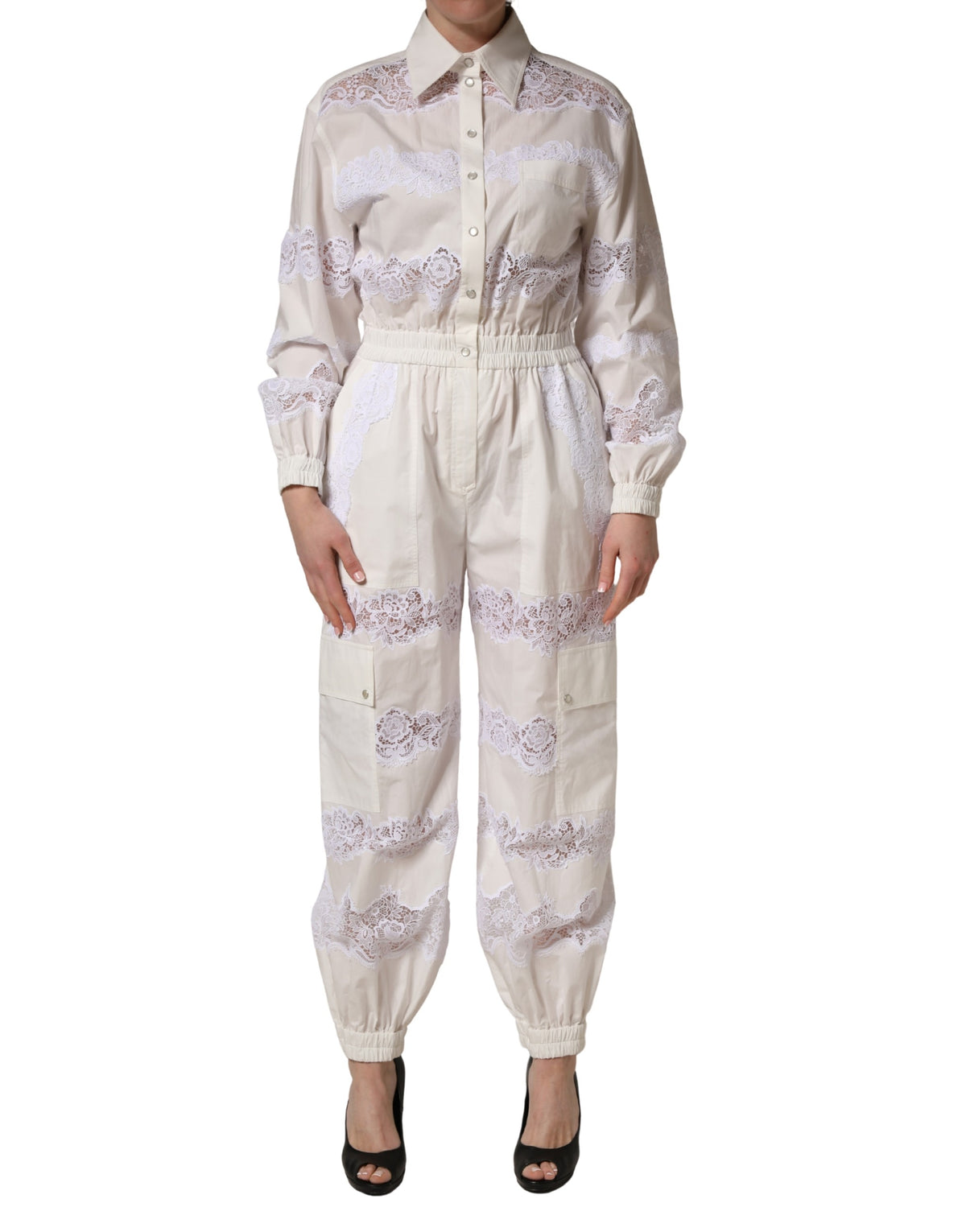 New Dolce & Gabbana White Cotton Lace Trim Long Sleeves Jumpsuit