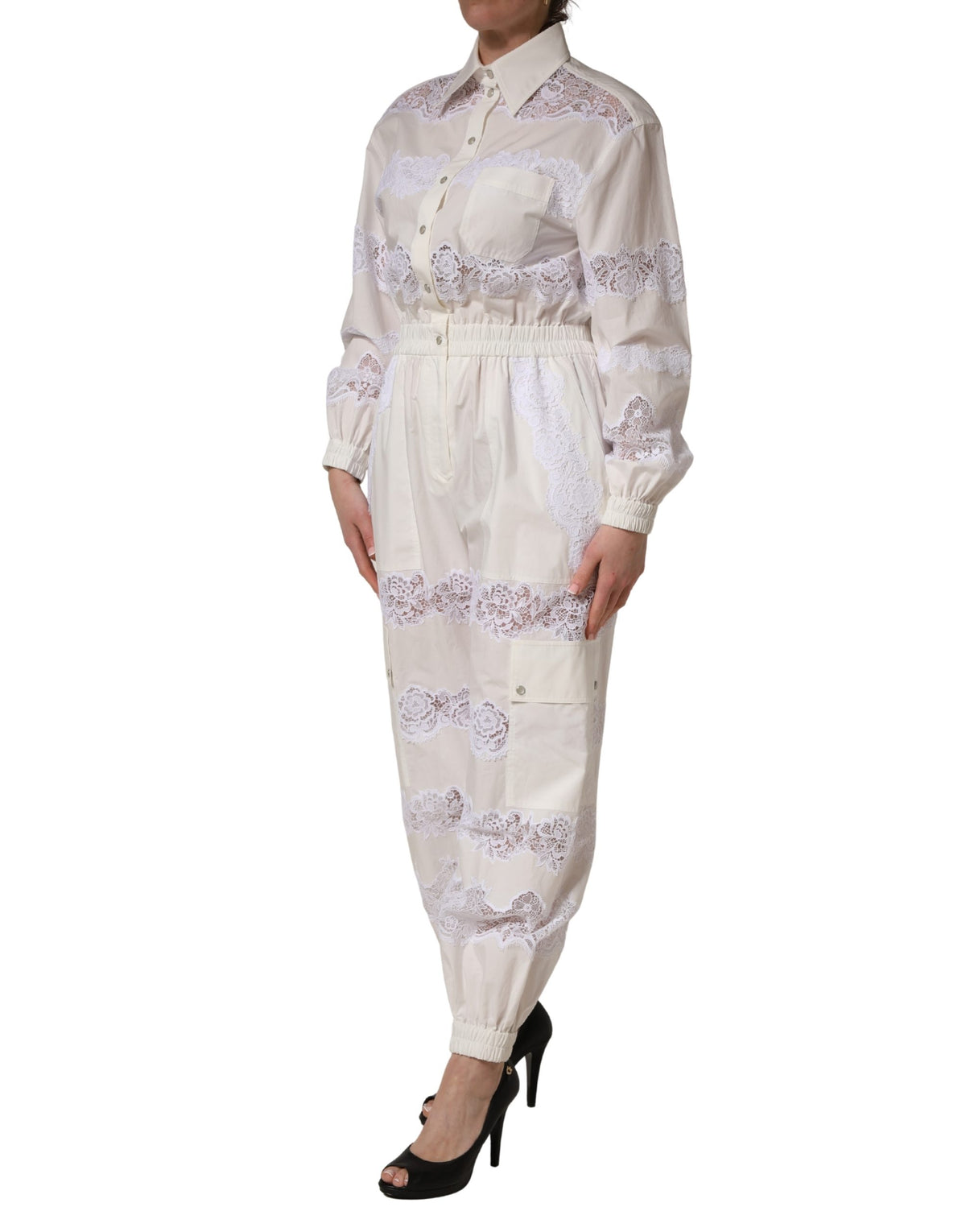 New Dolce & Gabbana White Cotton Lace Trim Long Sleeves Jumpsuit