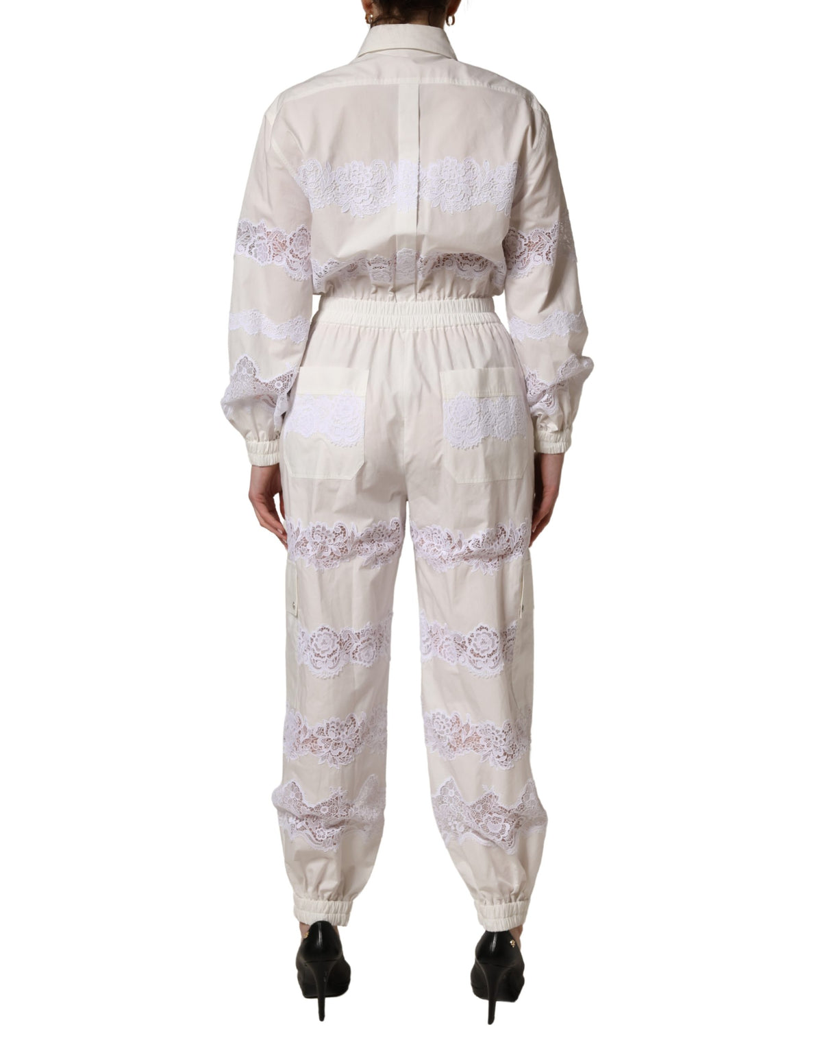 New Dolce & Gabbana White Cotton Lace Trim Long Sleeves Jumpsuit