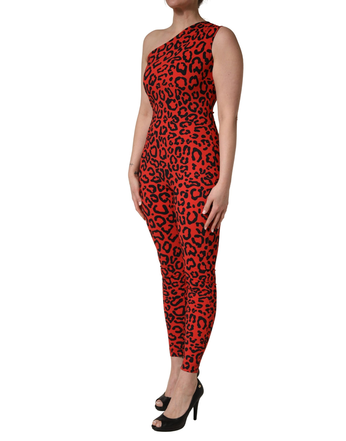 New Dolce & Gabbana Black Red Nylon Leopard Pattern Jumpsuit