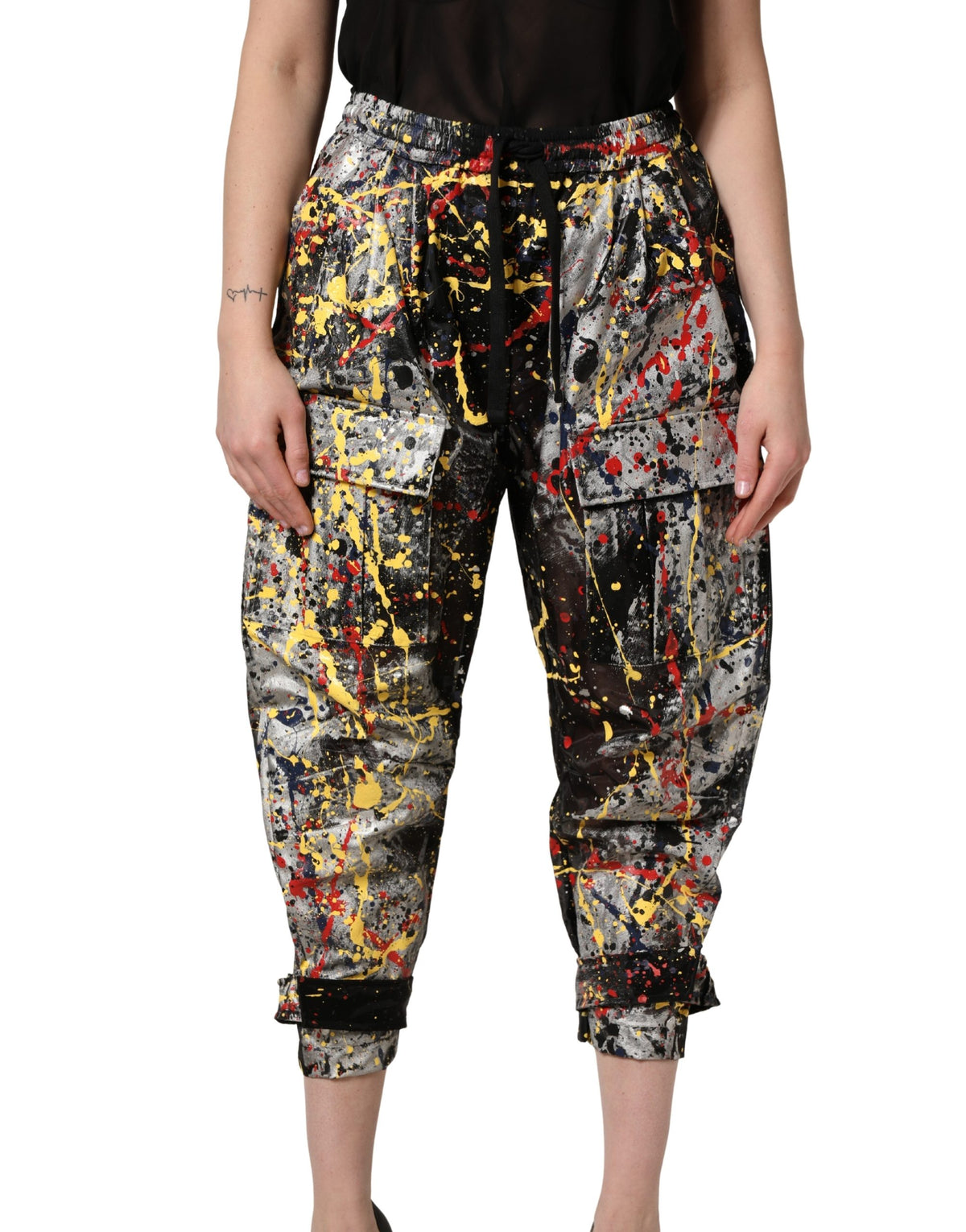 New Dolce & Gabbana Black ColorSplash Effect Cargo Cropped Pants