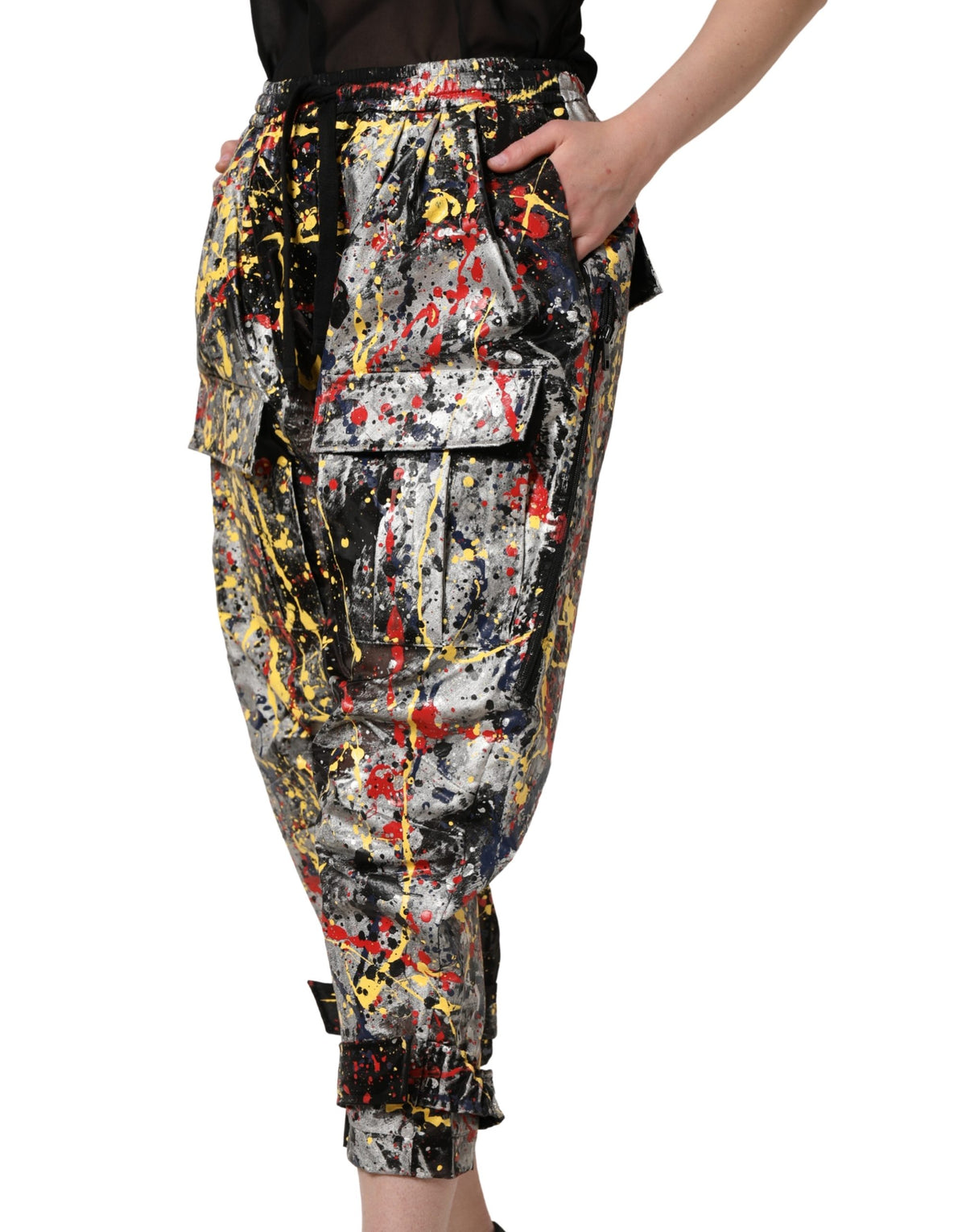 New Dolce & Gabbana Black ColorSplash Effect Cargo Cropped Pants