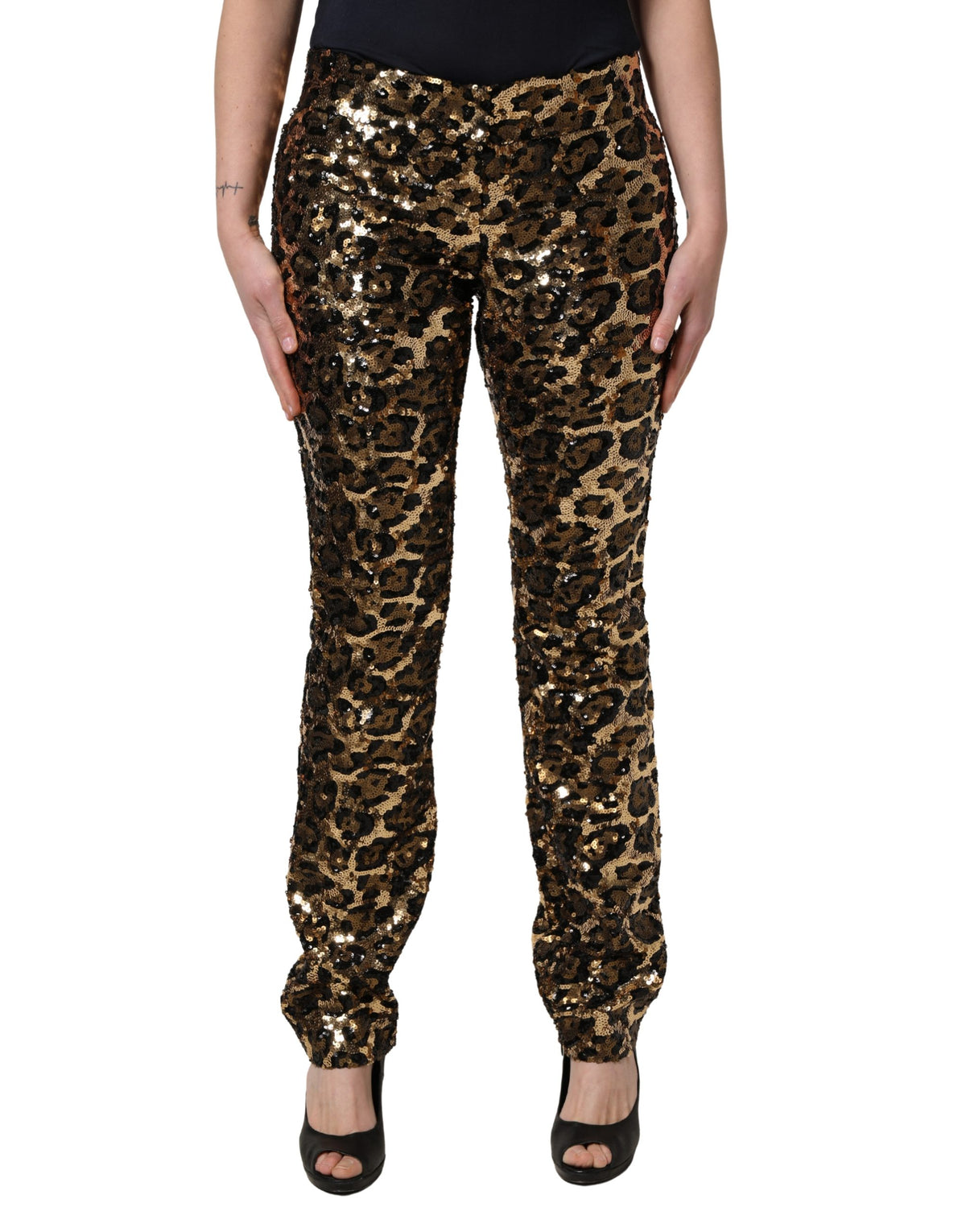 New Dolce & Gabbana Gold Leopard Sequined Straight Trouser Pants