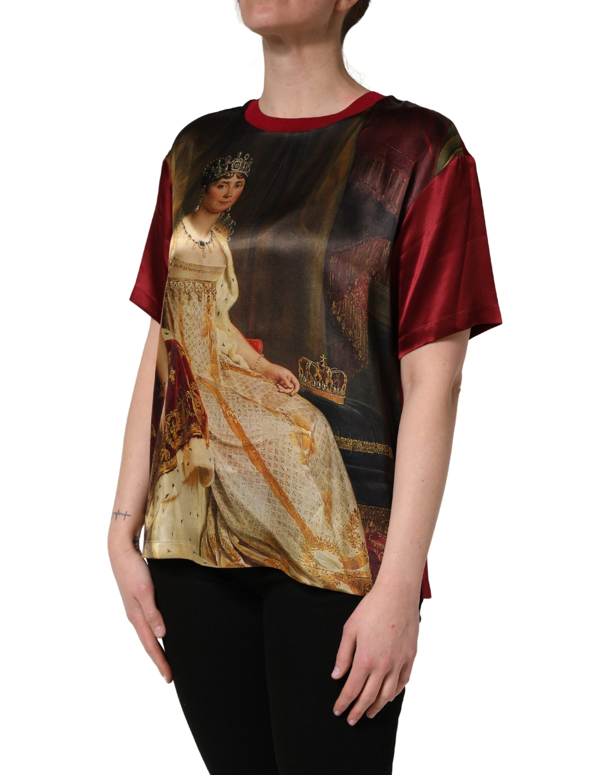Dolce & Gabbana Maroon Royal Crown Dress Queen Painting Silk T-shirt