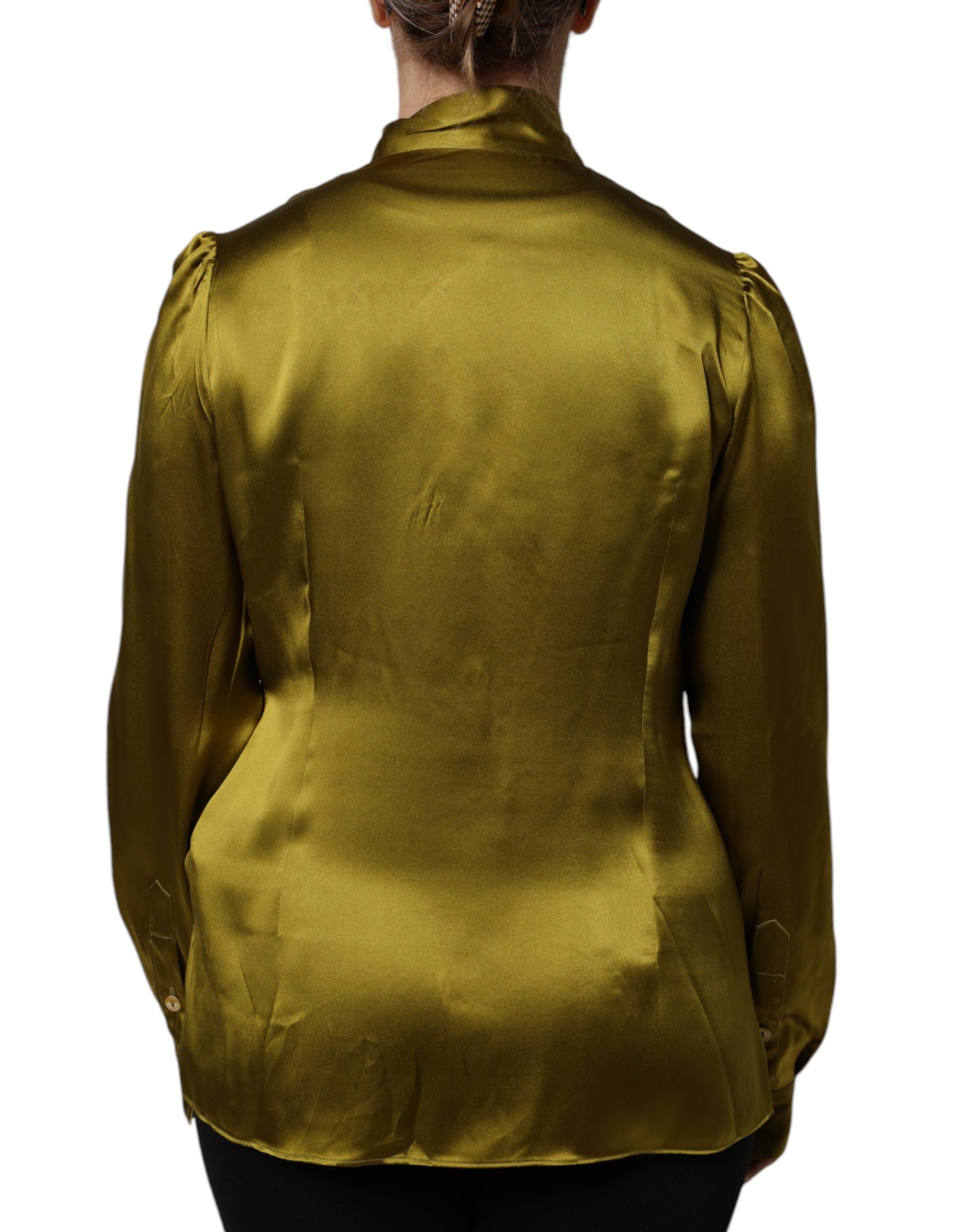 Dolce & Gabbana Green Satin Long Sleeve Ascot Tie Shirt Top