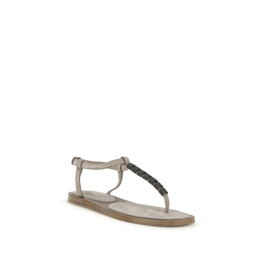 Brunello Cucinelli Beige Leather Flat Sandals
