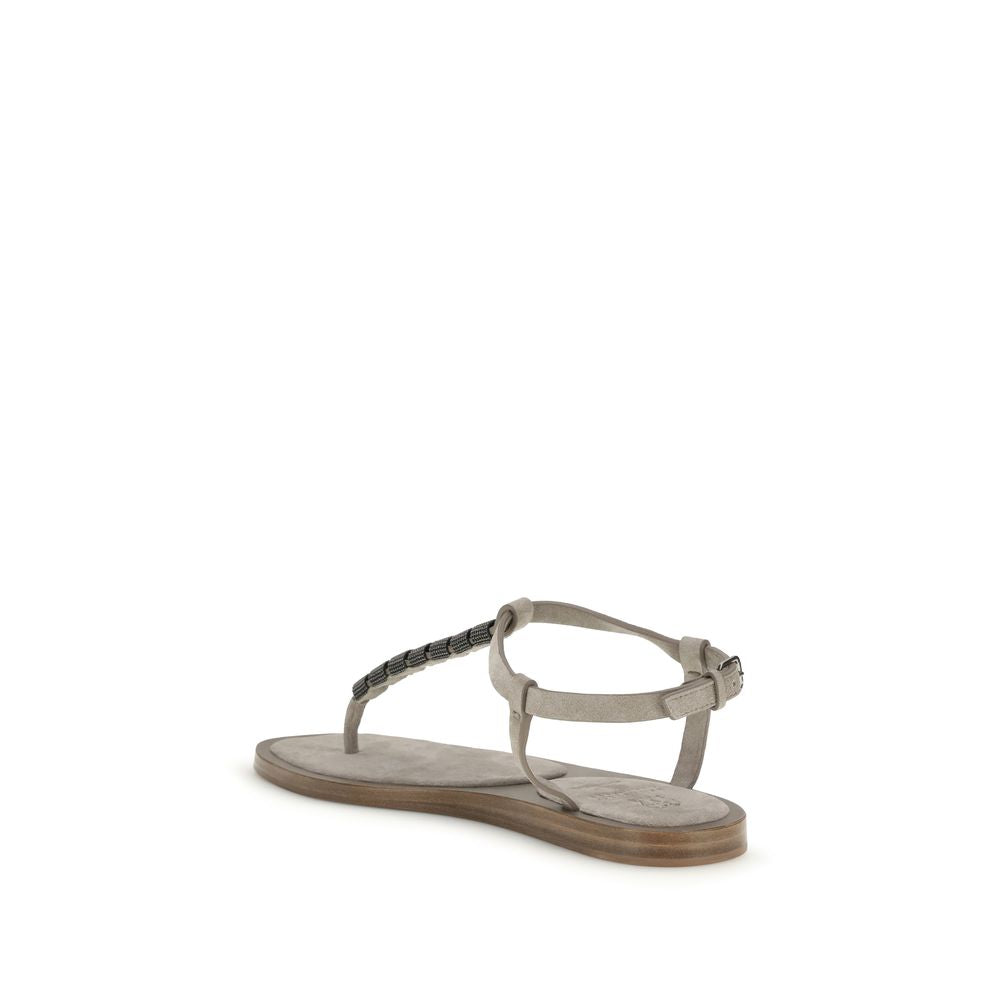 Brunello Cucinelli Beige Leather Flat Sandals