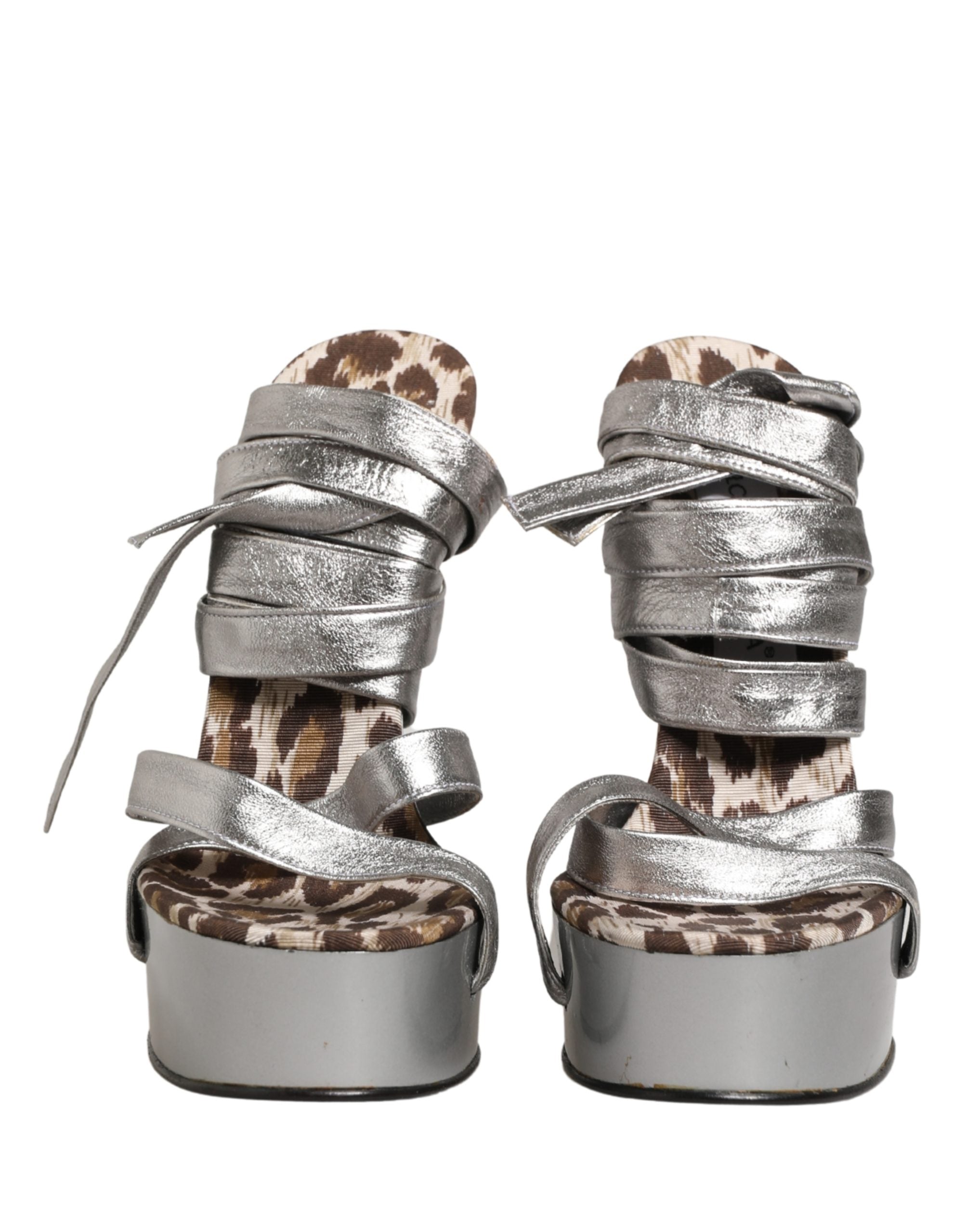 Dolce & Gabbana Silver Leather Platform Wedge Sandals Shoes
