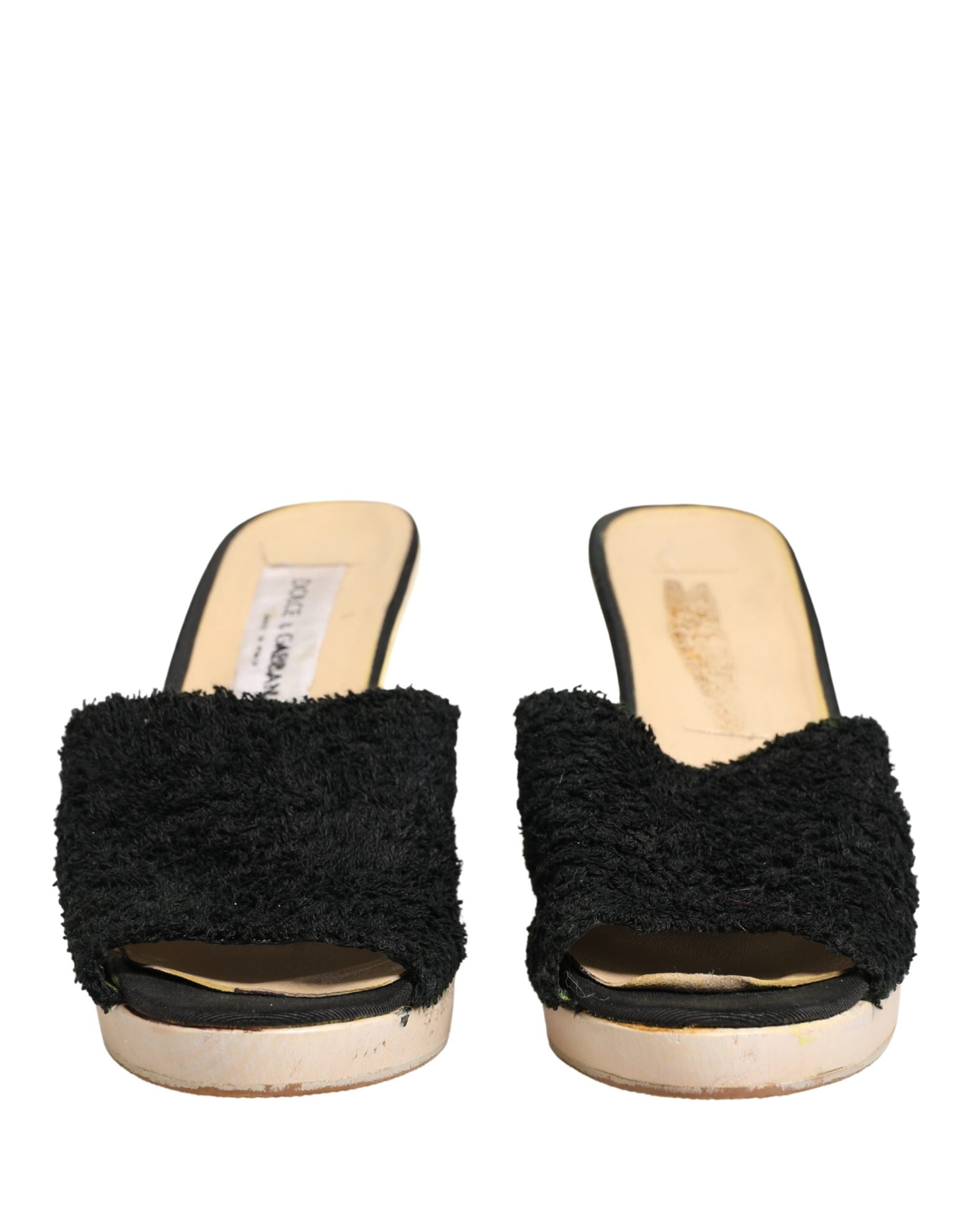 Dolce & Gabbana Black Fabric Fur Mule Wood Platform Heel Shoes