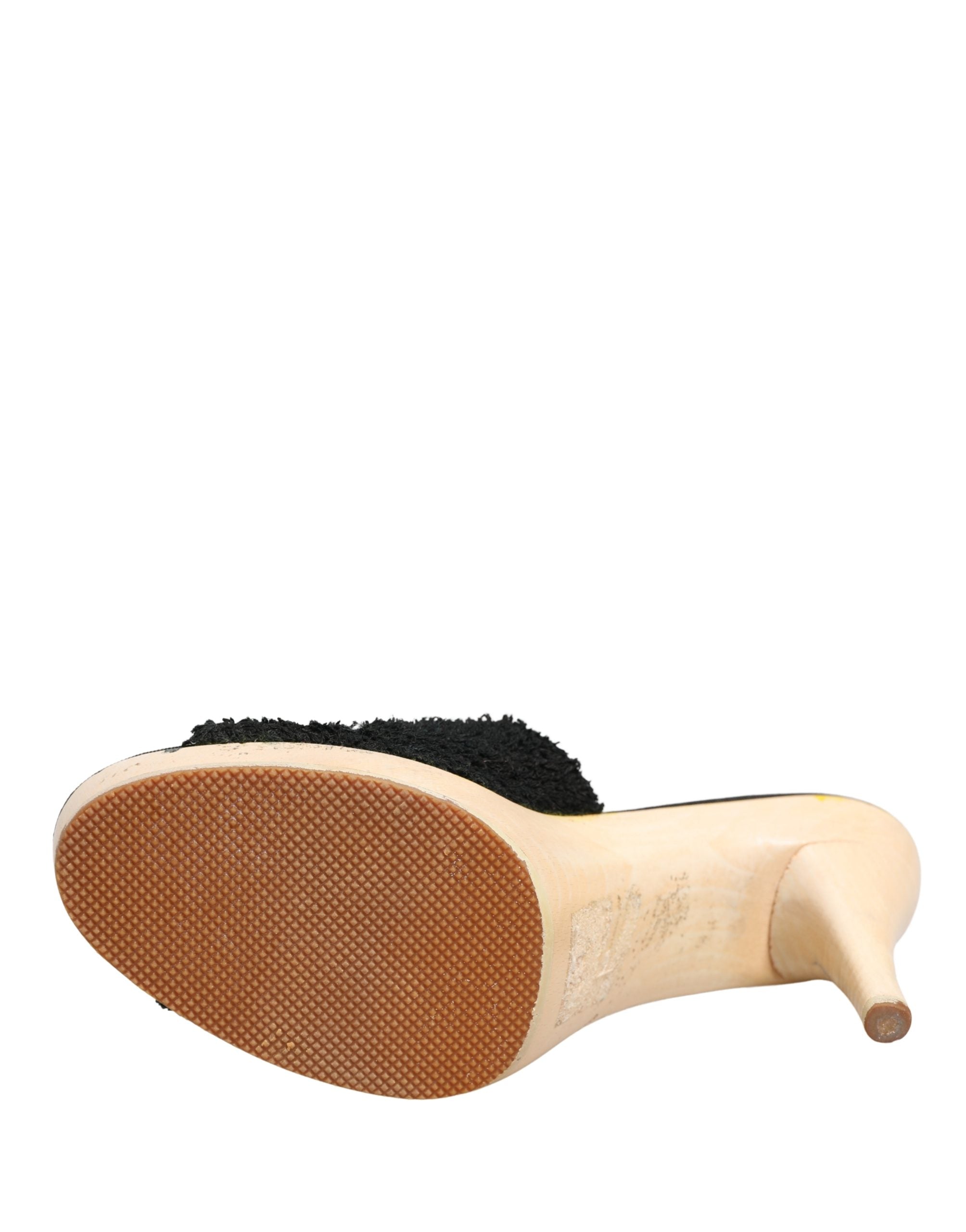 Dolce & Gabbana Black Fabric Fur Mule Wood Platform Heel Shoes