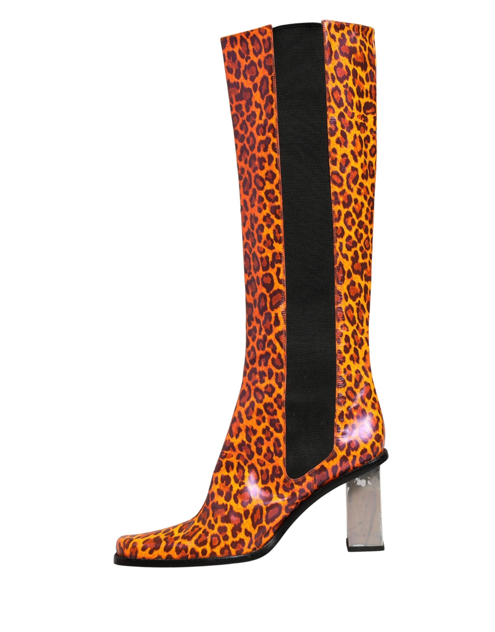 Dolce & Gabbana Brown Leopard Leather Knee High Boots Shoes