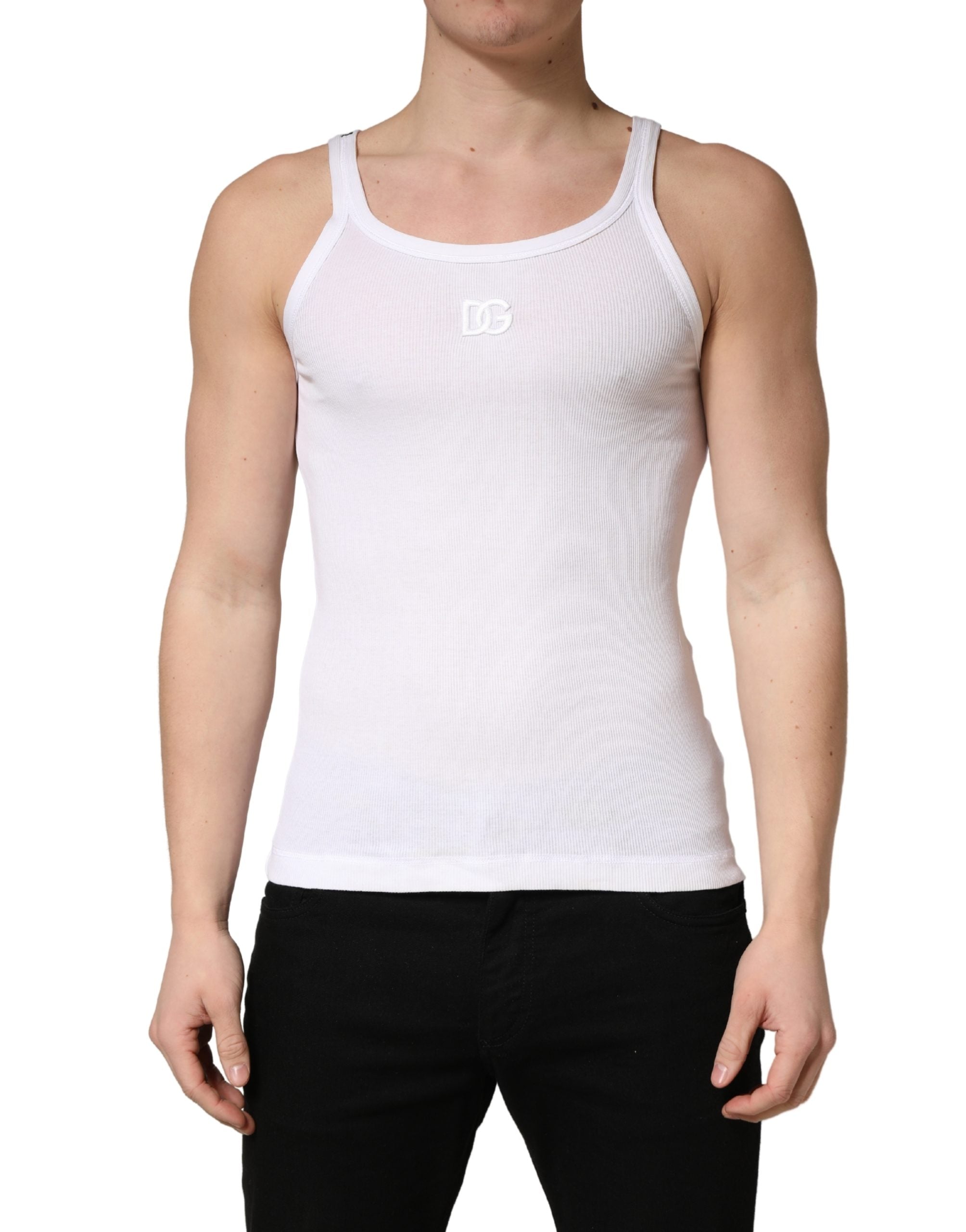 Dolce & Gabbana White Ribbed Cotton Sleeveless Tank T-shirt