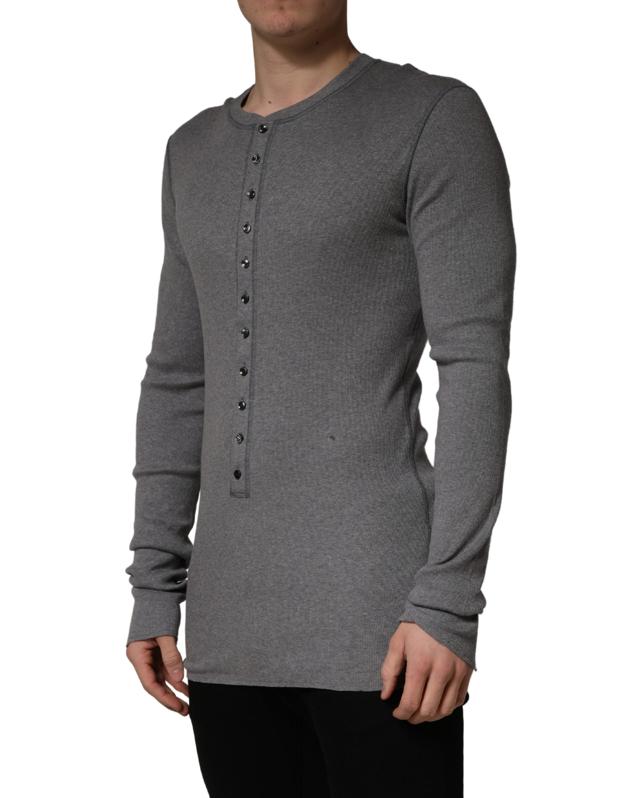 Dolce & Gabbana Gray Ribbed Cotton Long-Sleeve Henley T-shirt