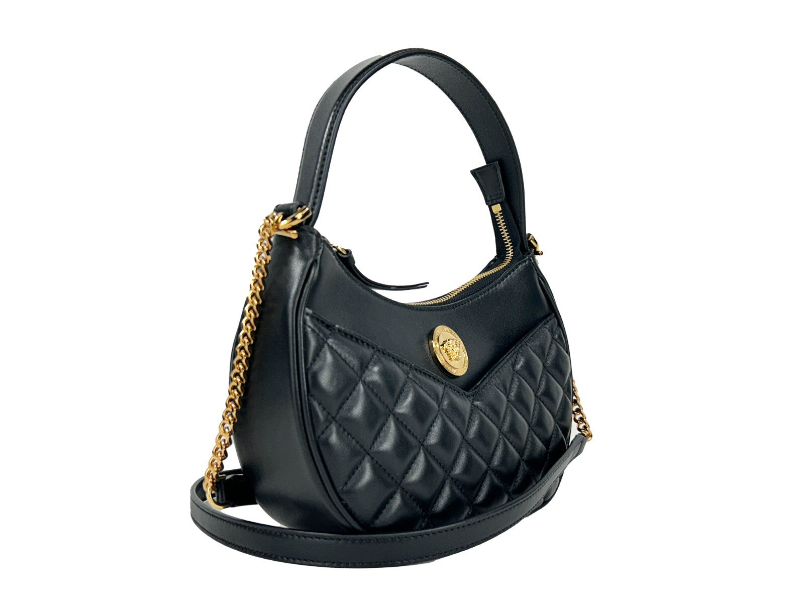 Versace Quilted Black Leather Half Moon Chain Crossbody Bag - PreLoved & Luxe