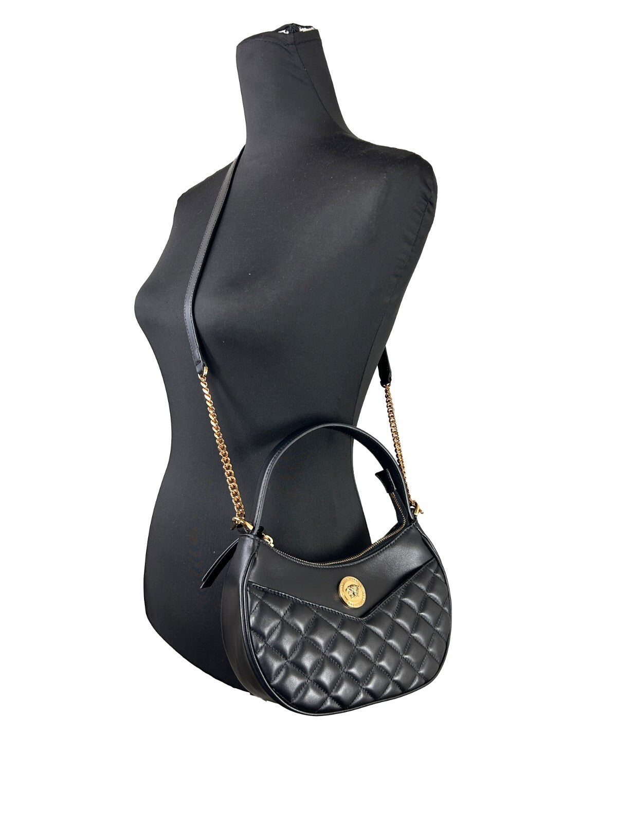 Versace Quilted Black Leather Half Moon Chain Crossbody Bag - PreLoved & Luxe