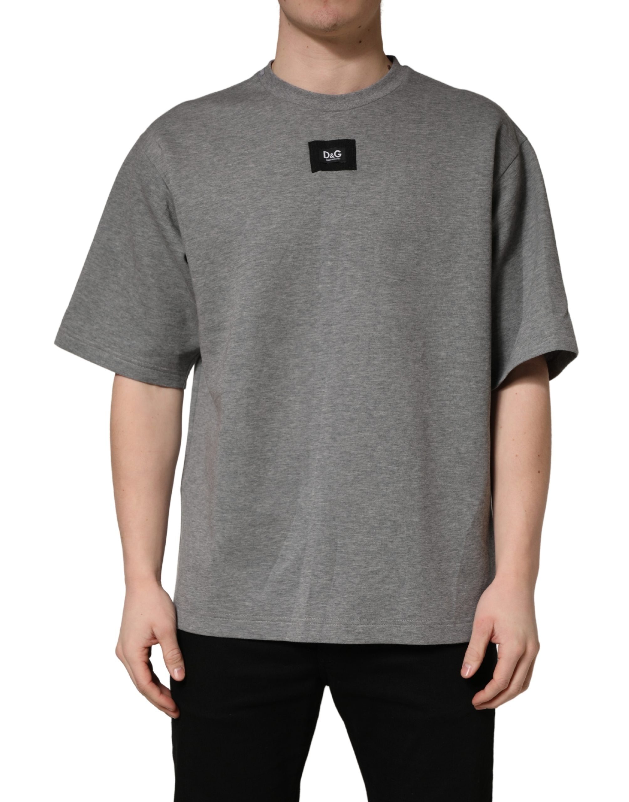 Dolce & Gabbana Gray Cotton Logo Appliqué CrewNeck T-shirt