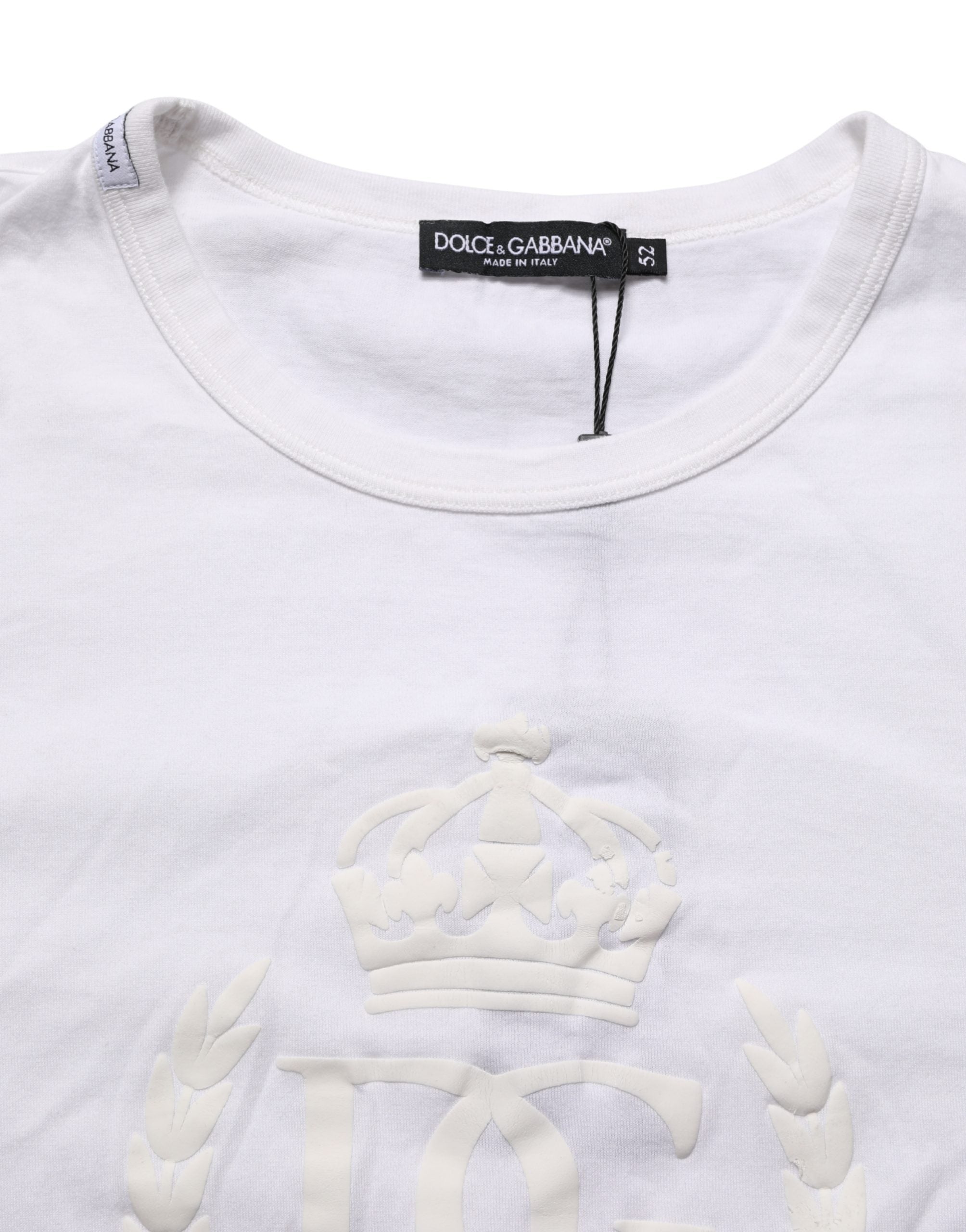 Dolce & Gabbana White Cotton DG Crown Embossed Men T-shirt