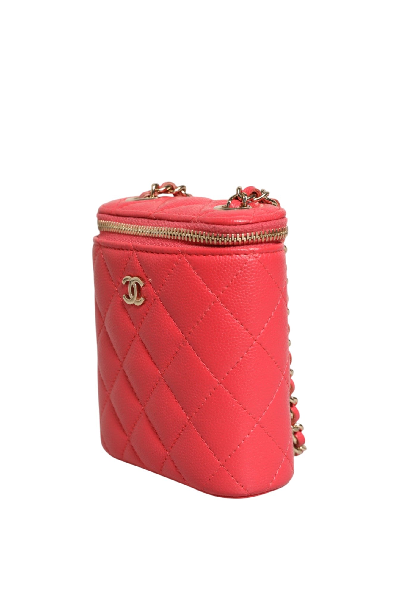 Pre-Owned Chanel Red Caviar Quilted Small Vertical Coco Beauty Vanity Case with Chain Red Women's B+ (Good — light signs of wear)
