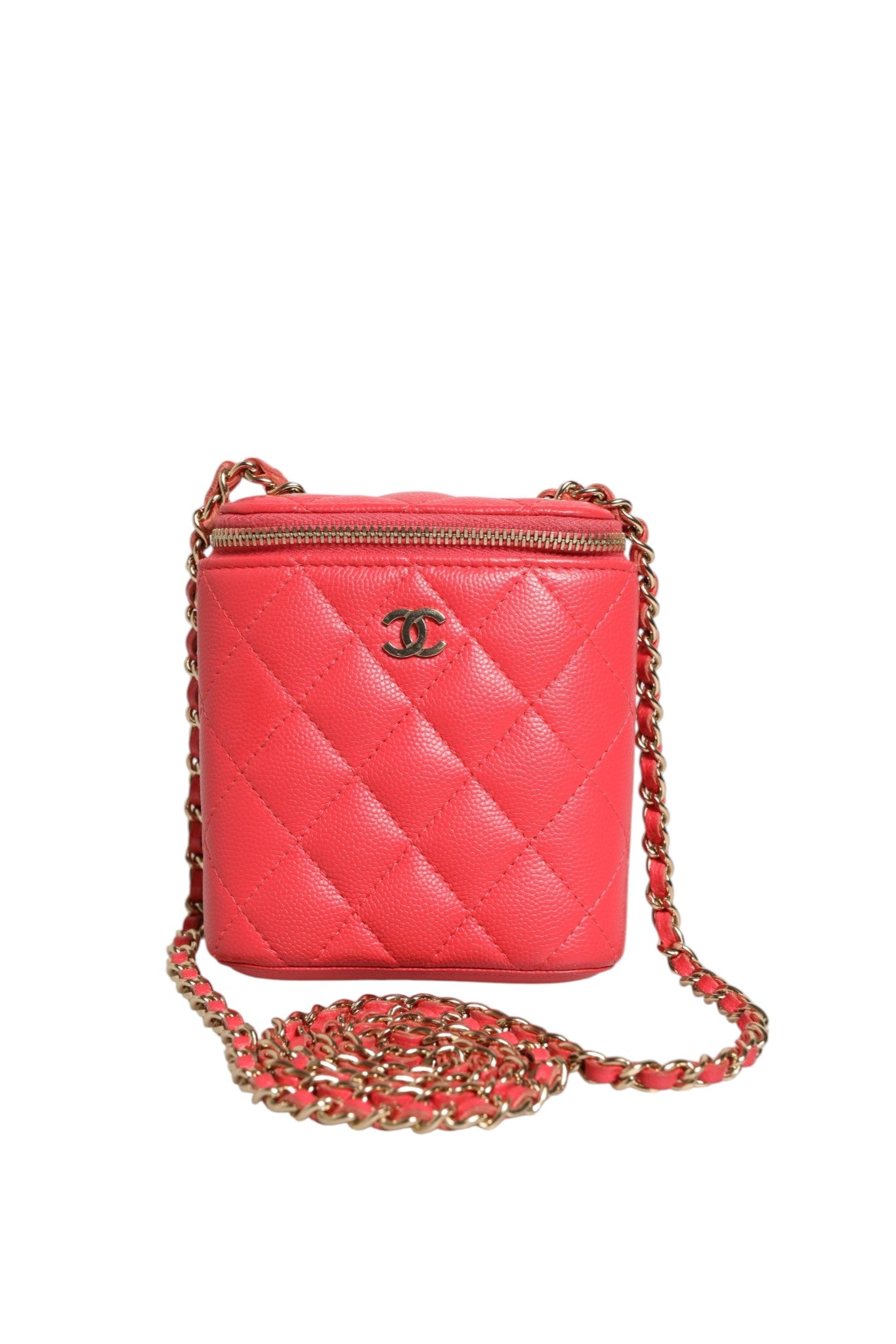 Pre-Owned Chanel Red Caviar Quilted Small Vertical Coco Beauty Vanity Case with Chain Red Women's B+ (Good — light signs of wear)