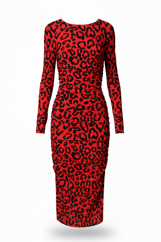 Dolce & Gabbana Red Leopard Print Long Sleeves Midi Dress