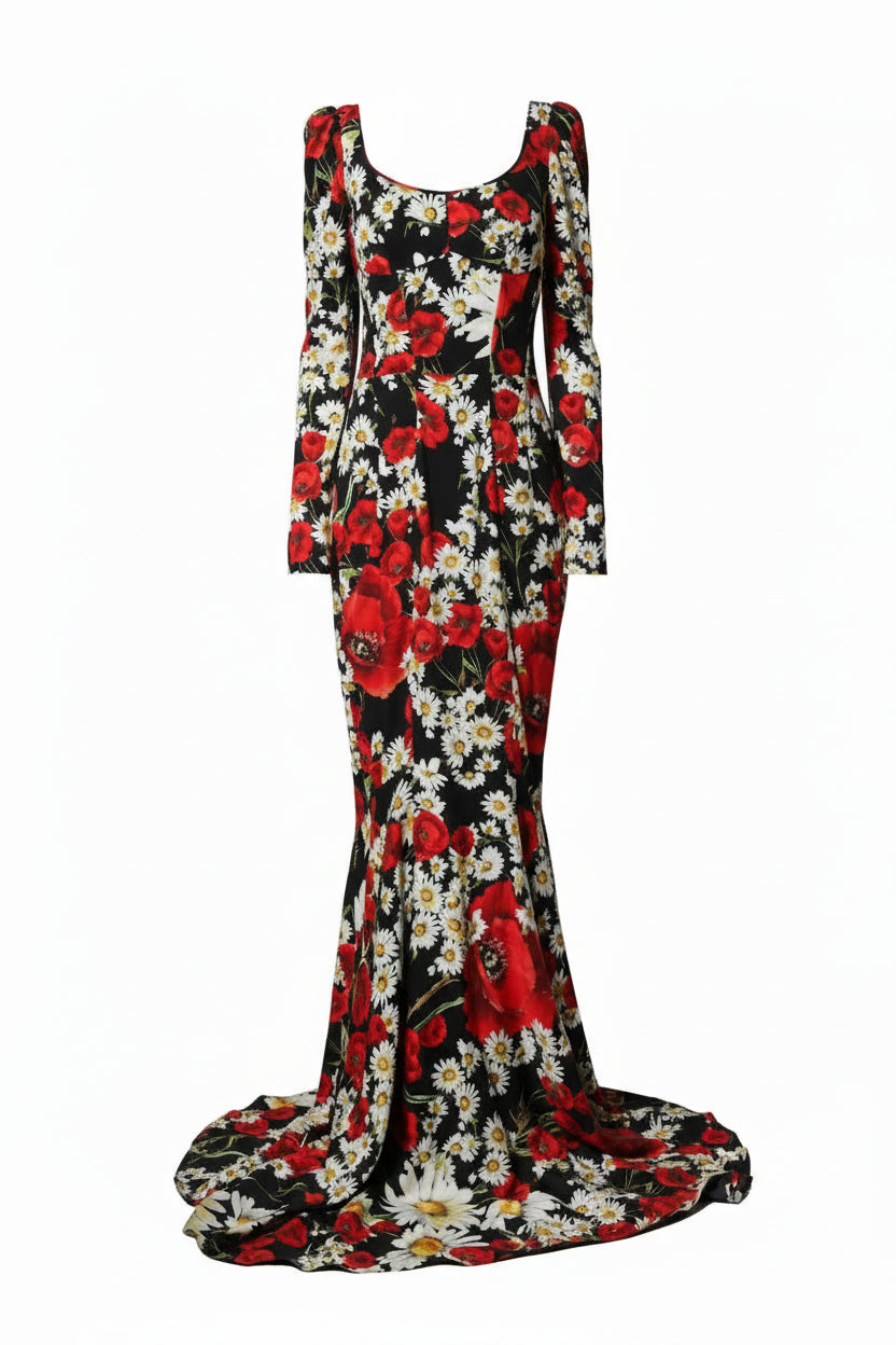 Dolce & Gabbana Black Floral Silk Long Sleeves Gown Dress