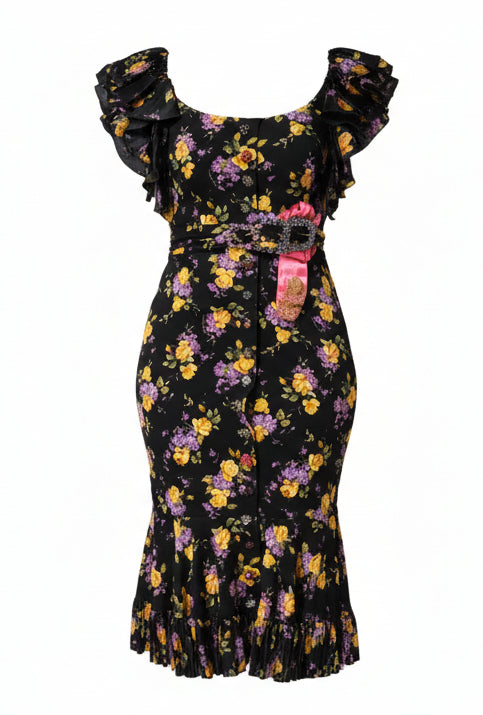 Dolce & Gabbana Black Purple Crystal Brooch Silk Midi Dress