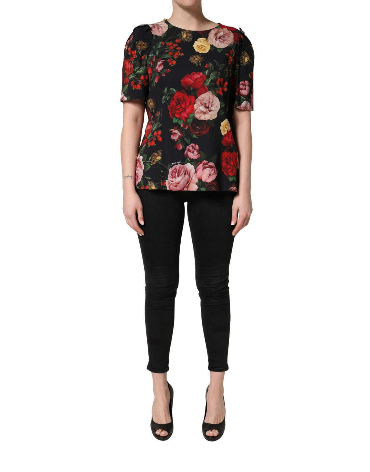 New Dolce & Gabbana Black Floral Crepe Frill Detail Blouse Top
