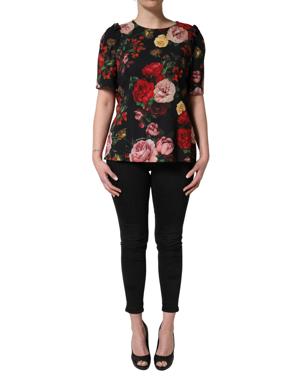 New Dolce & Gabbana Black Floral Crepe Frill Detail Blouse Top