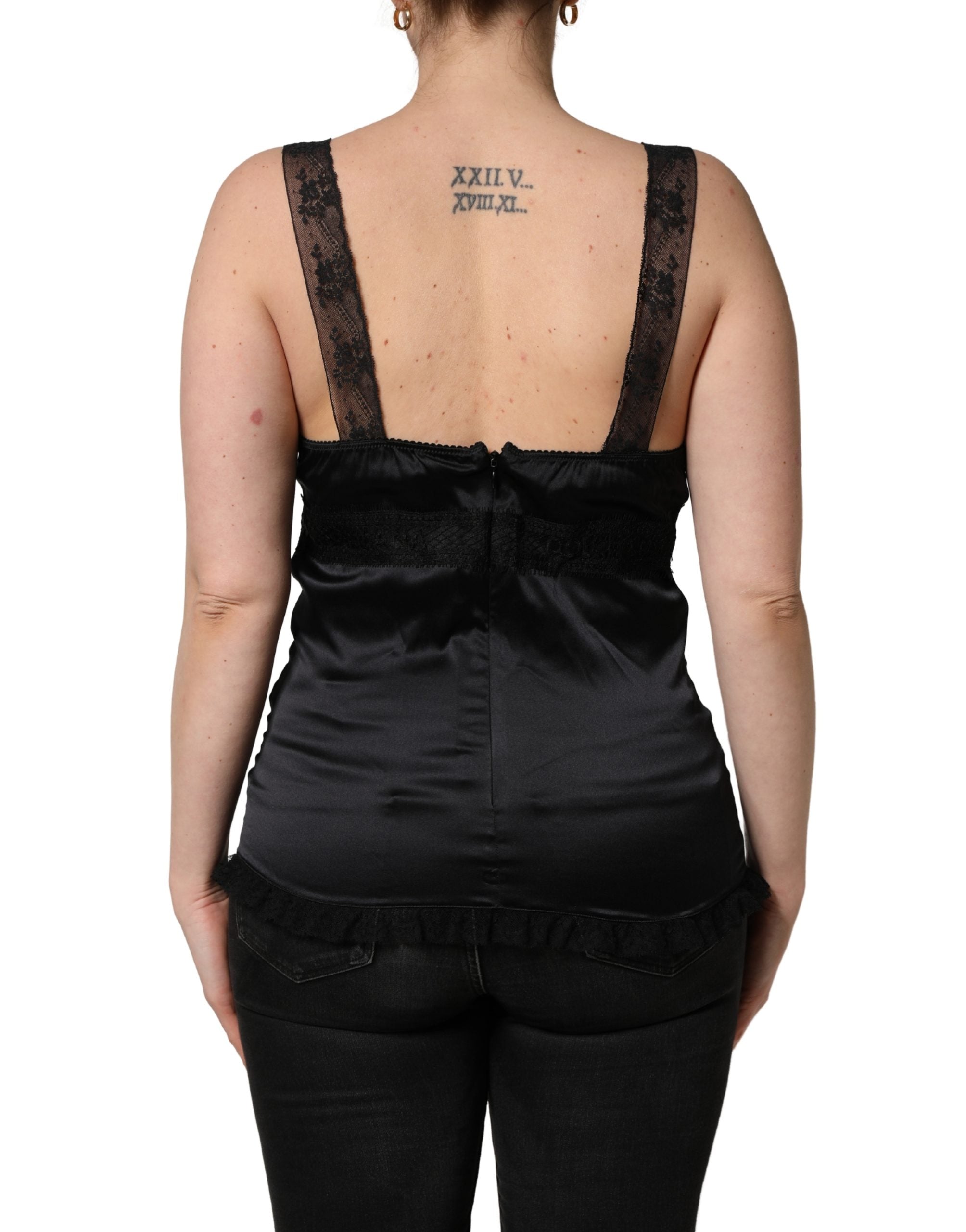Dolce & Gabbana Black Silk Lace Trim Camisole V-neckline Tank Top
