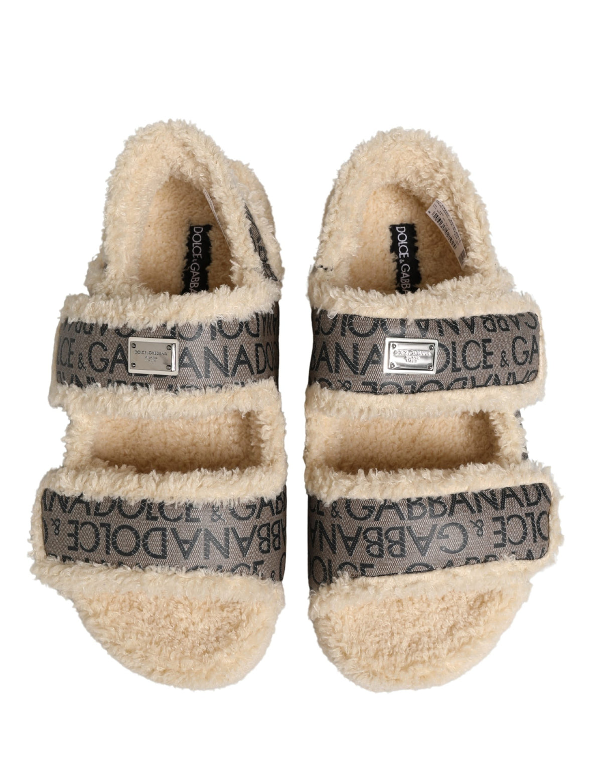 New Dolce & Gabbana Beige Faux Fur Logo Print Flats Sandals Shoes